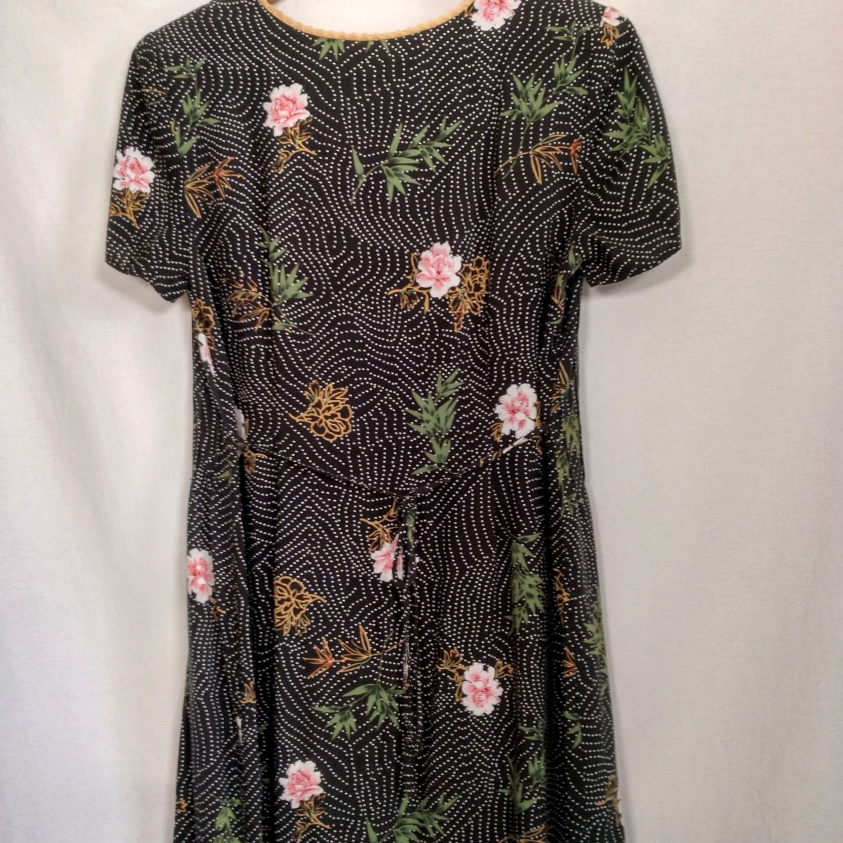 Vintage VINTAGE R&K Originals Dress Maxi Women 1990s Polka Dot Black Pink Floral Rayon 50" Long Size L / US 10 / IT 46 - 6 Thumbnail