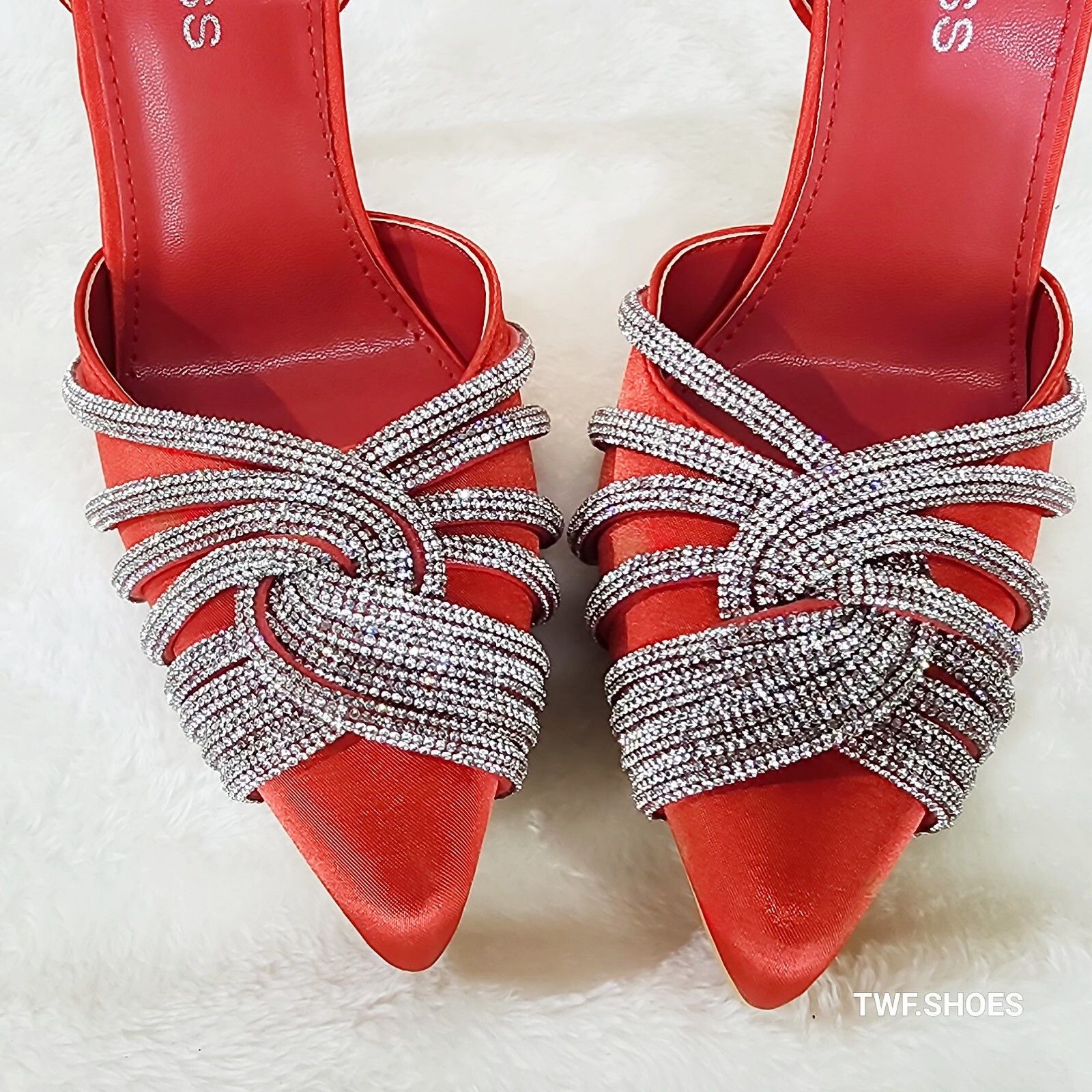 Other Elegance Slip on Slingback Red Satin Rhinestone Pointy Toe H Size US 6.5 / IT 36.5 - 2 Thumbnail
