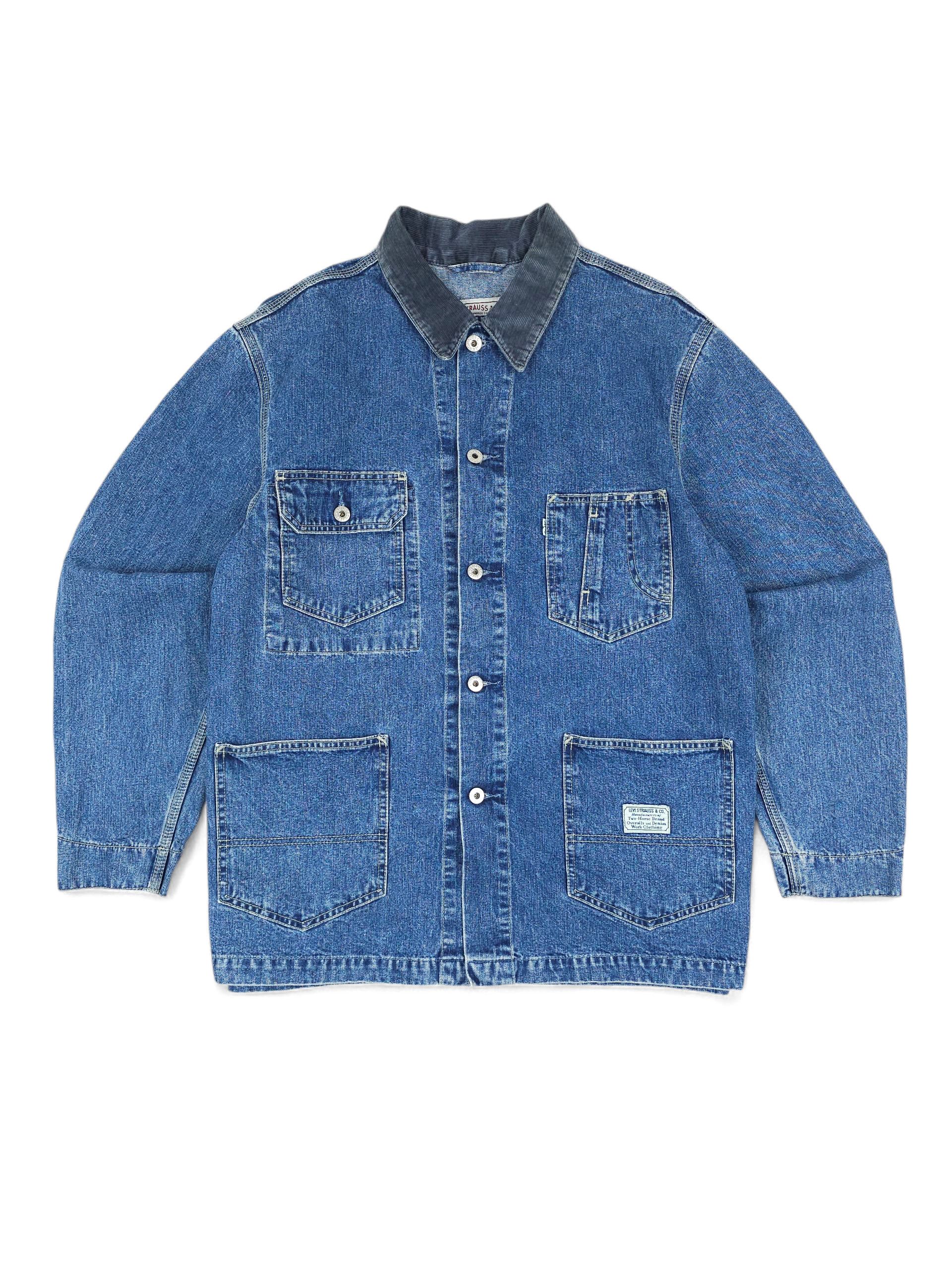 Levi's 💎 Vintage 1993 Levi's Blue Cargo Denim Trucker Jacket Size US L / EU 52-54 / 3 - 1 Thumbnail