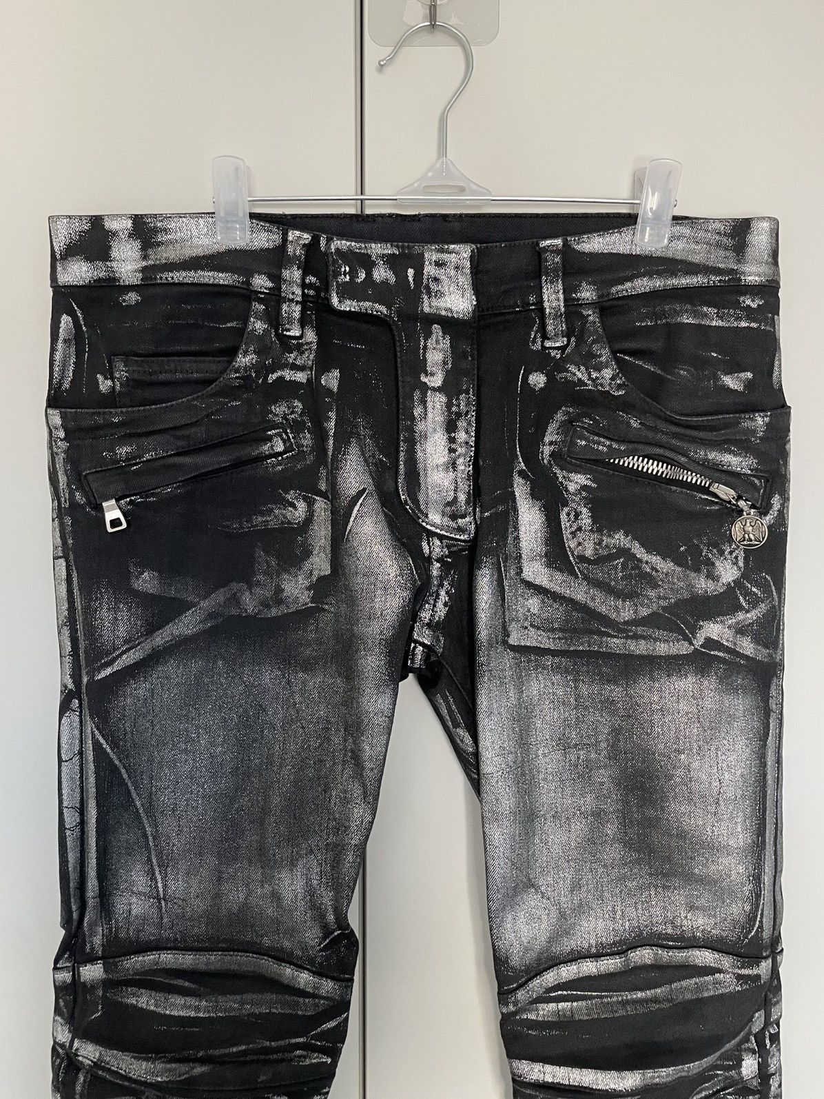 Sold)Balmain decarnin ss11 silver waxed coating jeans
