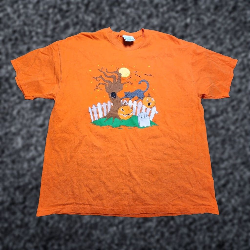 Basic Editions VINTAGE Basic Editions Halloween Shirt Unisex XL 90s Orange Cotton Spooky Tree Pumpkin Cat T-Shirt Size US XL / EU 56 / 4 - 1 Thumbnail