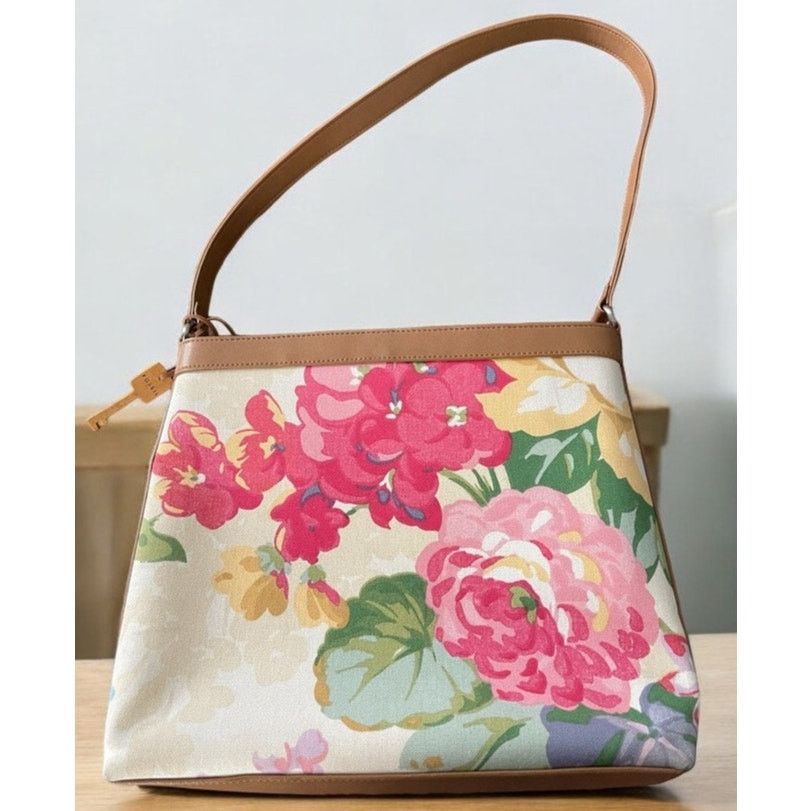 Fossil Purse Handbag Floral Flowers Leather Shoulder Bag in Beige, Women's