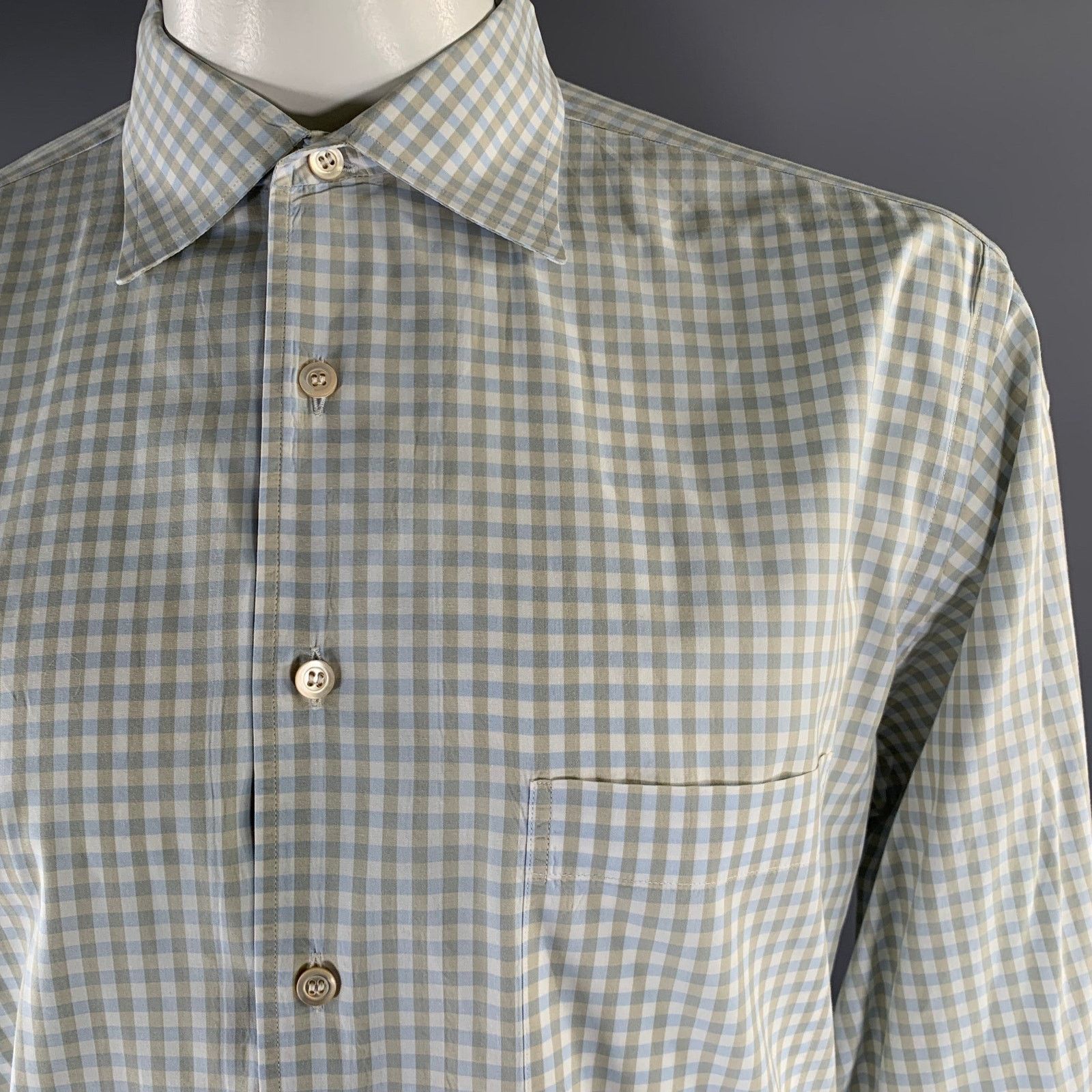 Ermenegildo Zegna ERMENEGILDO ZEGNA XXL White Blue Green Gingham Shirt Size US XXL / EU 58 / 5 - 2 Thumbnail