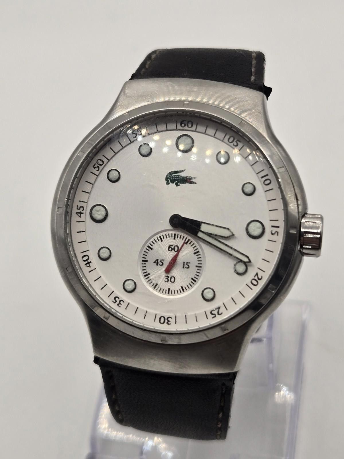 Lacoste 40Mm White Stainless Steel Watch. Leather Band, Men's