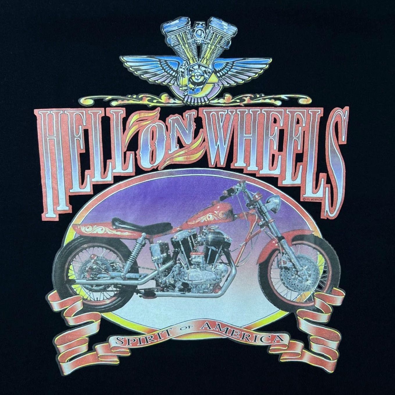 Gildan Vintage Hell On Wheels (1994) “Spirit Of America” Biker Black T-Shirt M L Shirt Mens Black Graphic Front Size US M / EU 48-50 / 2 - 3 Thumbnail