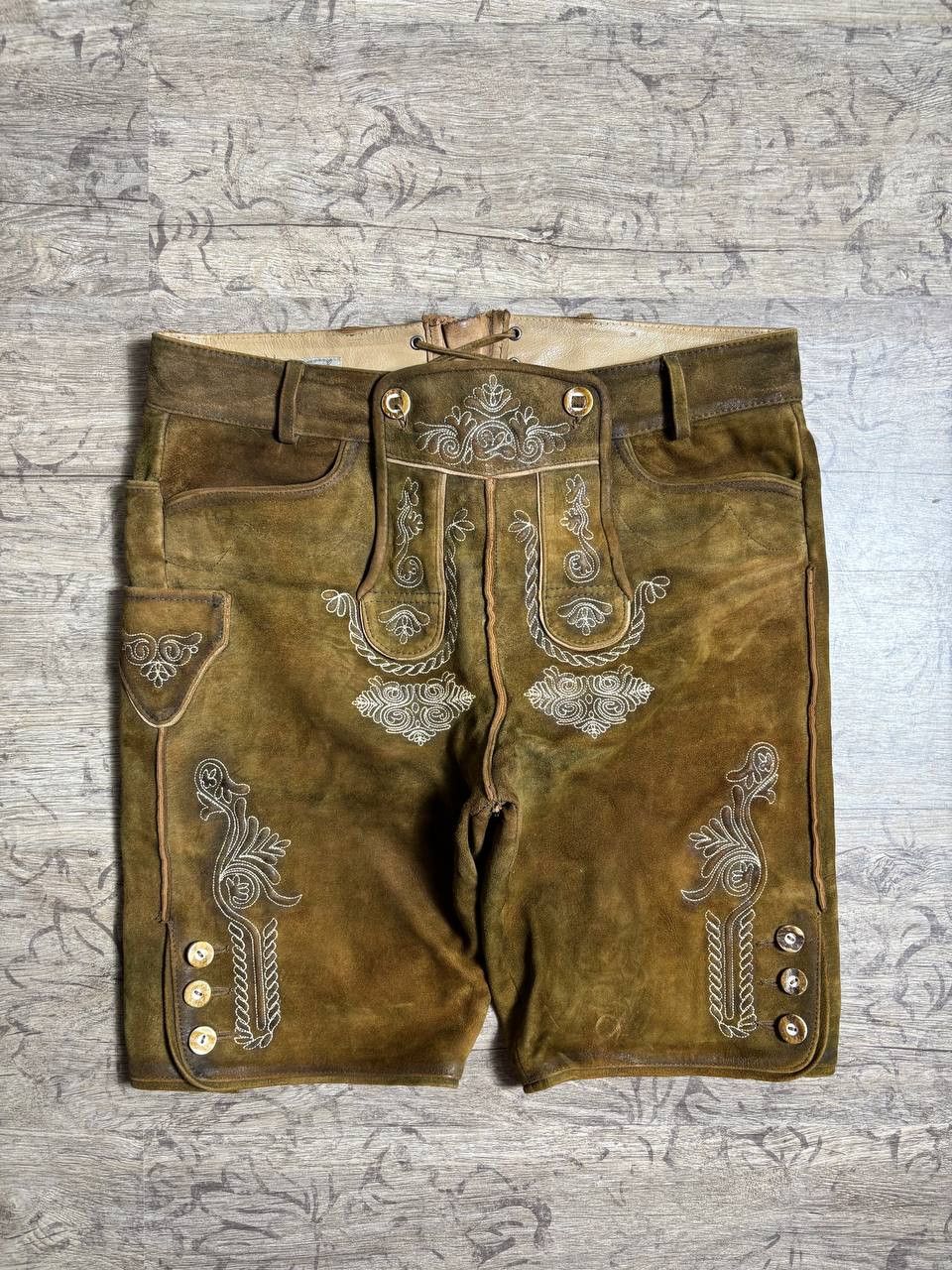 Cowboy Equipment Lederhosen German Brown Leather Retro Shorts sz 50 (34) Size US 34 / EU 50 - 1 Thumbnail