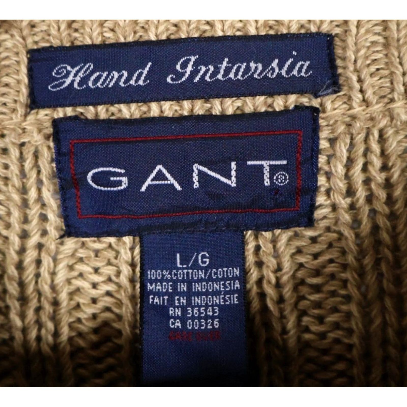 Gant VINTAGE GANT Sweater Men's Large Beige Argyle Hand Intarsia 100% Cotton Crew Neck Knit Pullover Size US L / EU 52-54 / 3 - 3 Thumbnail