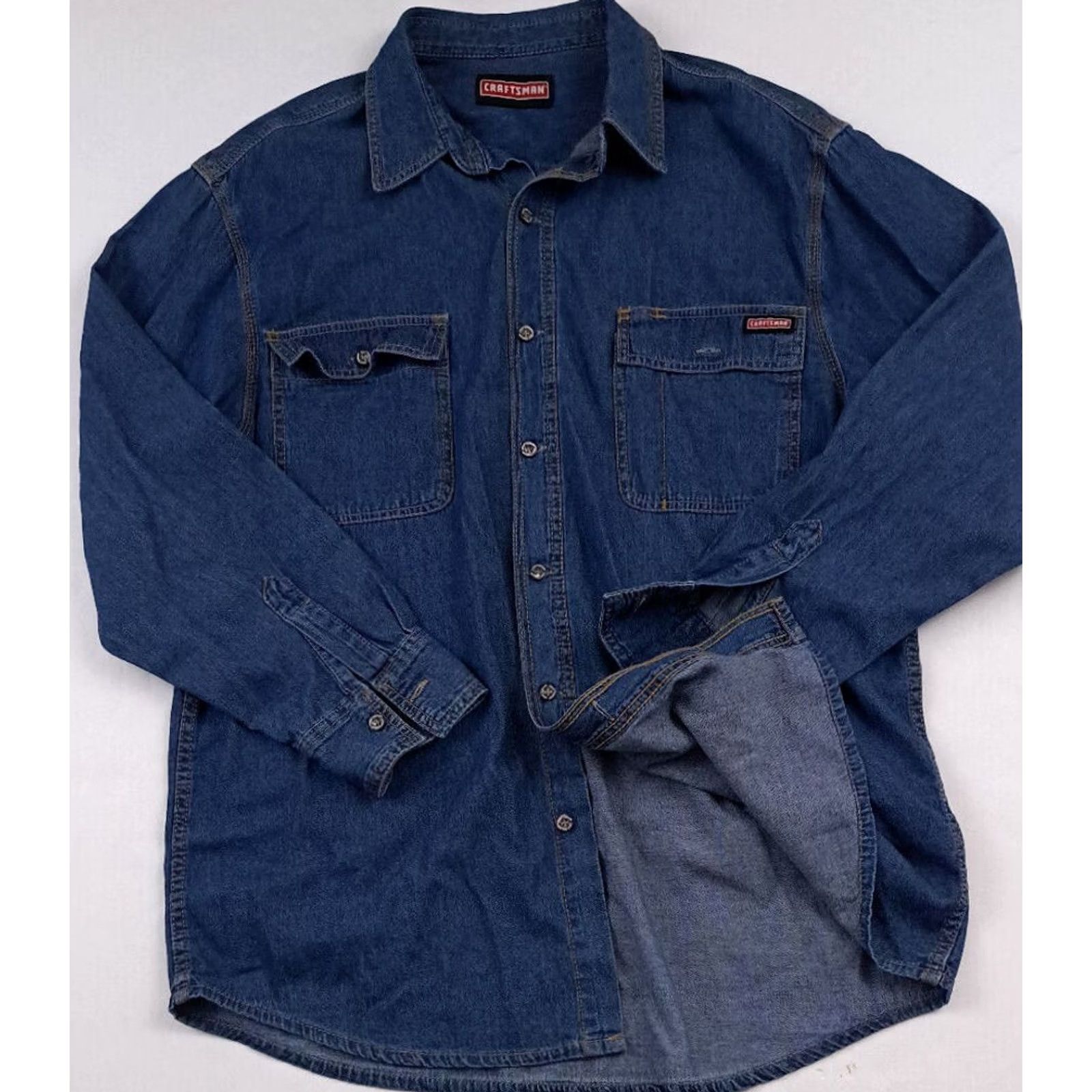 Sears Craftsman Jeans Shirt Denim 100% Cotton Long Sleeve Full Button Medium Blue 90s Outdoor Size M / US 6-8 / IT 42-44 - 3 Thumbnail