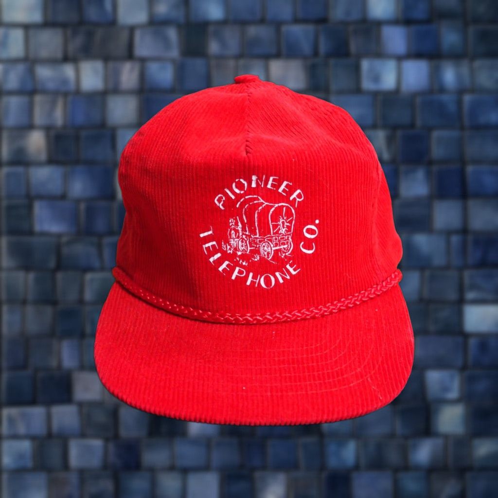 Vintage VTG 70s 80s Pioneer Telephone Co Red Corduroy Trucker Strapback Hat Cap OSFM EUC Size ONE SIZE - 1 Thumbnail