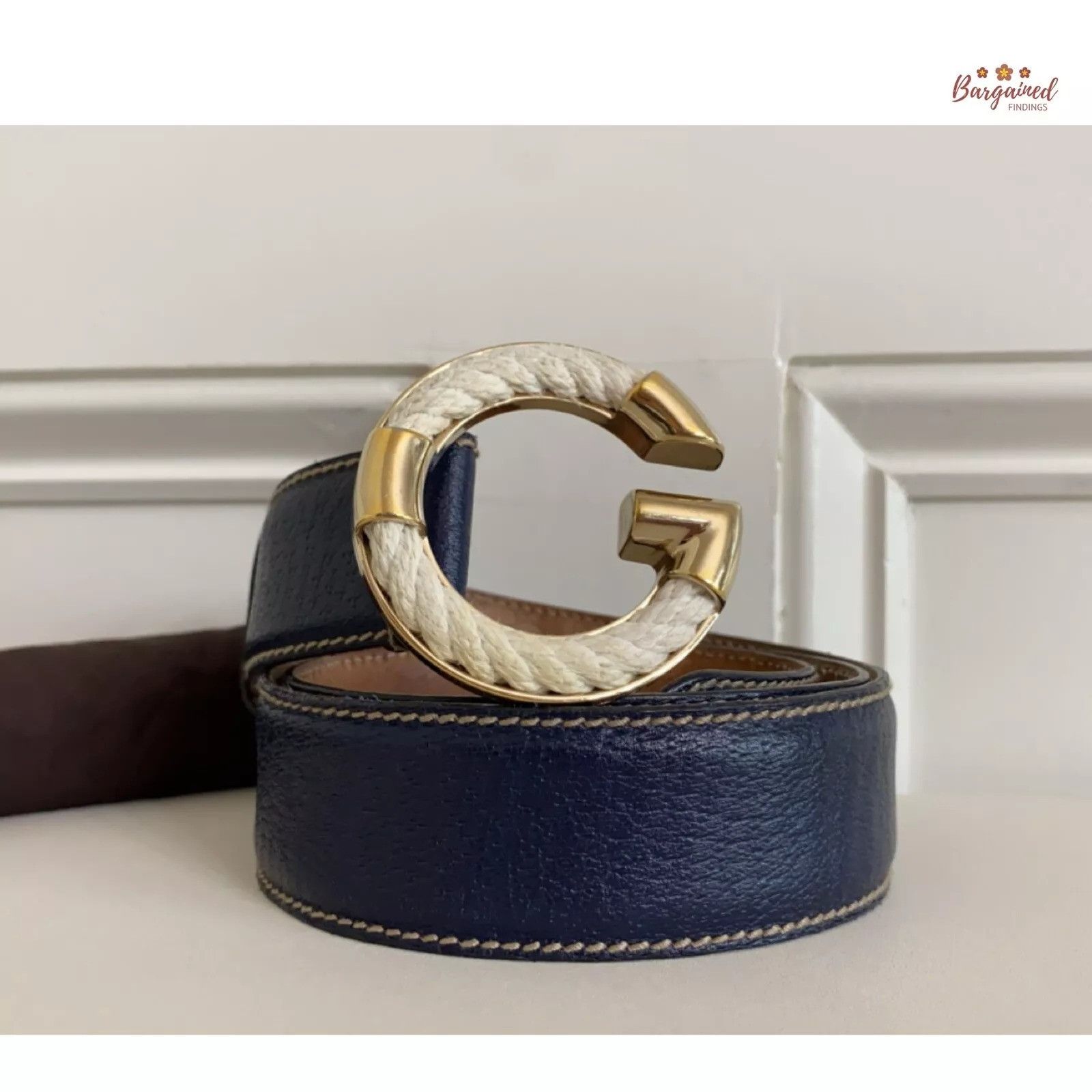 Gucci GUCCI Navy Calfskin Leather Gold Braided G Logo Buckle Belt Size 32 - 1 Thumbnail