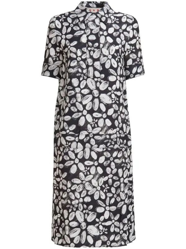 Marni o1w1db11125 Floral-Print Midi Shirt Dress in Black Size S / US 4 / IT 40 - 1 Thumbnail