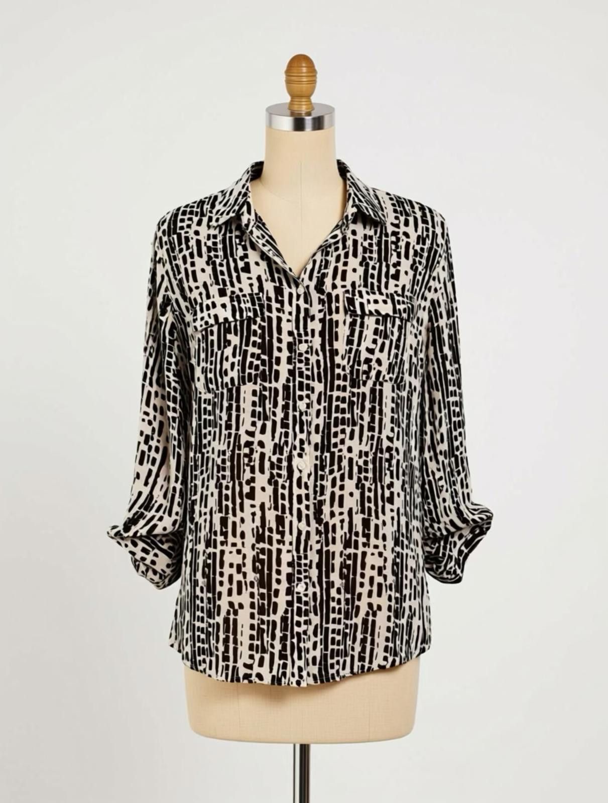 Other Ann Taylor LOFT Black and White Patterned Long Sleeve Blouse Size L / US 10 / IT 46 - 1 Thumbnail