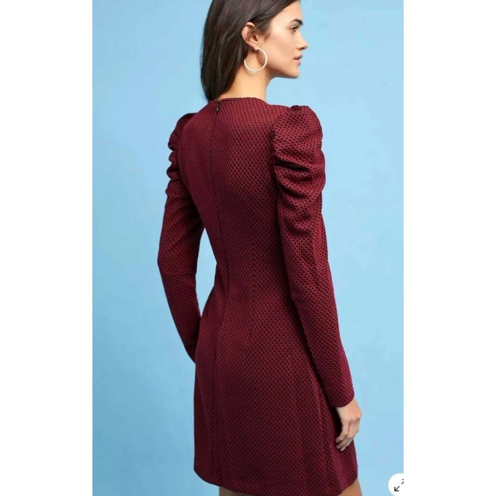 Donna Morgan Donna Morgan Women's Geometric Ruched-Sleeve Knit V-Neck Dress Size 6 Red Black A-Line Puff Sleeve Size M / US 6-8 / IT 42-44 - 3 Thumbnail