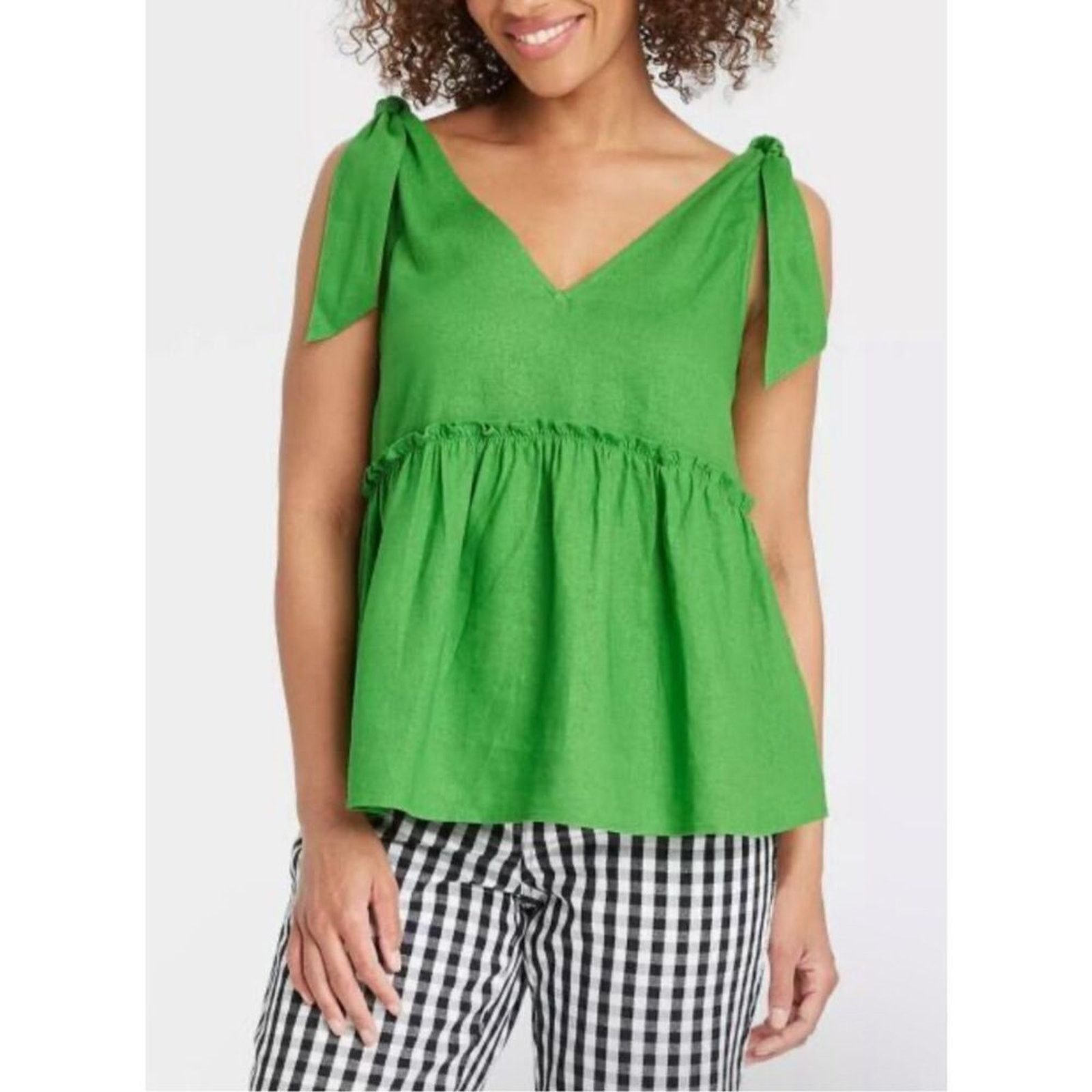 Other Who What Wear Linen Kelly Green Top Blouse LARGE NWOT Size L / US 10 / IT 46 - 2 Thumbnail
