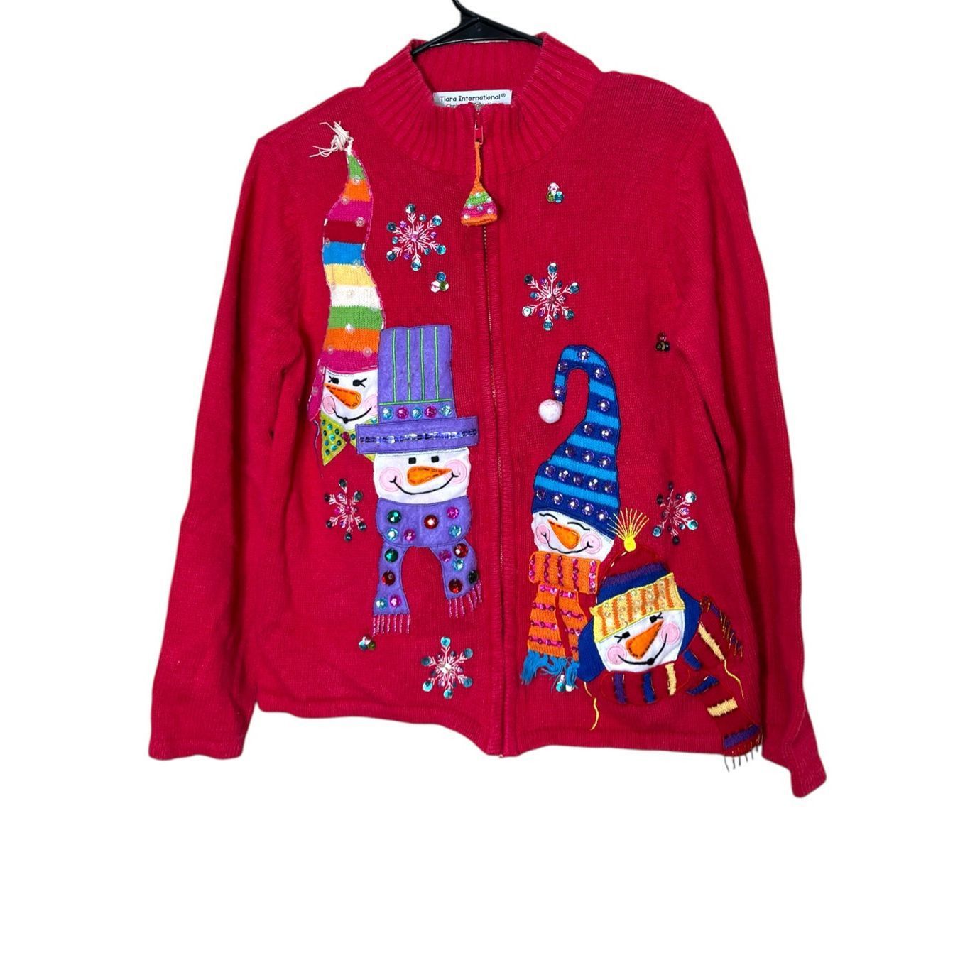 Other Vintage Tiara International Zip Cardigan Red Snowman Christm Size L / US 10 / IT 46 - 1 Thumbnail