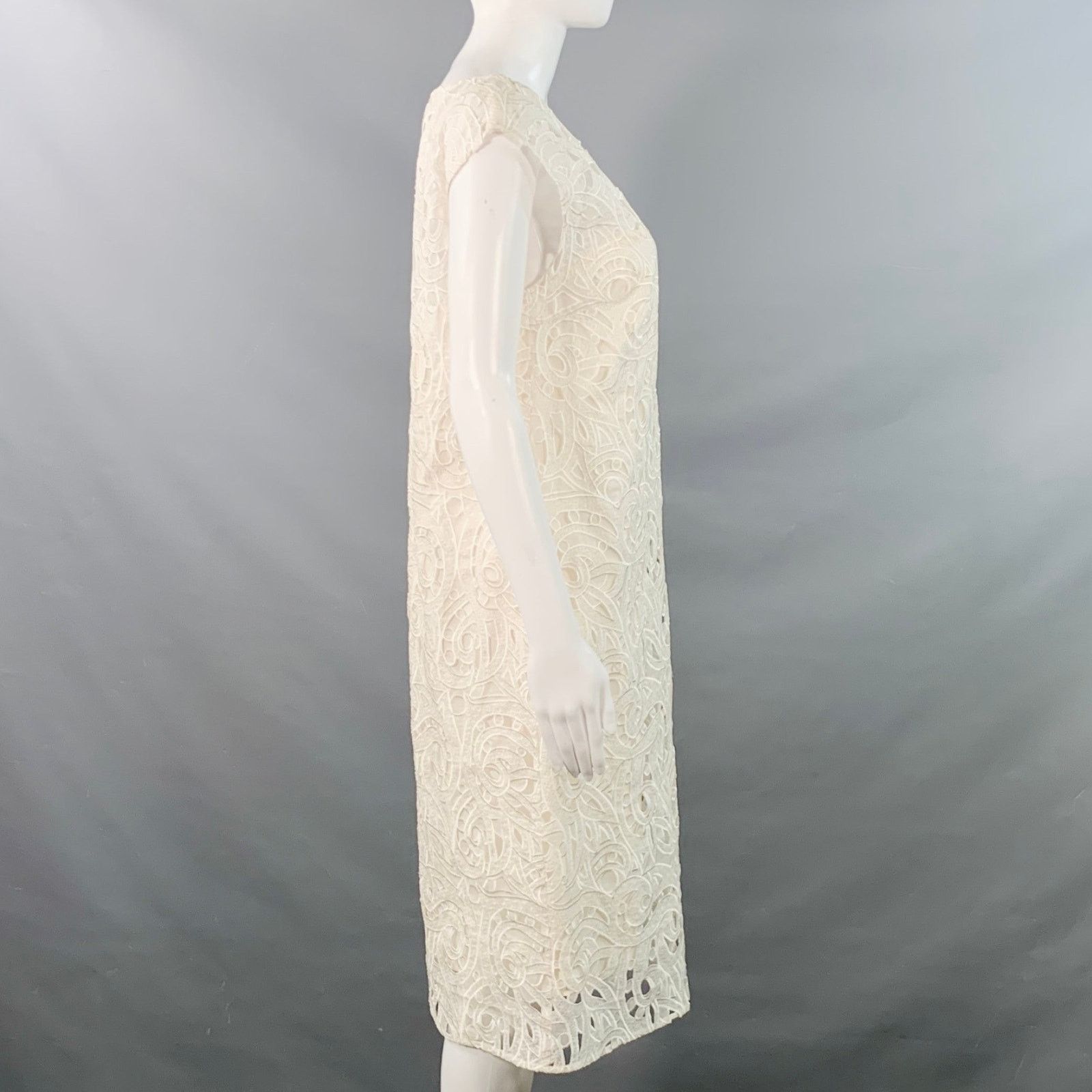 Escada Size 6 Off White Silk Lace Boat Neck Sleeveless Shift Dress Size M / US 6-8 / IT 42-44 - 3 Thumbnail