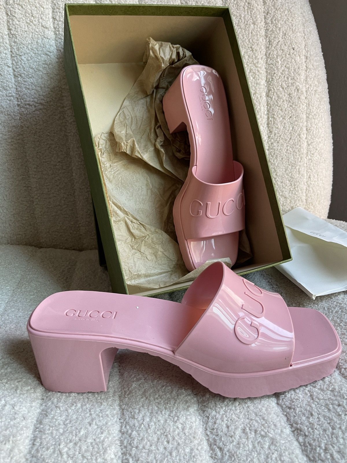 GUCCI Pink Rubber Slide Heeled Sandals Size