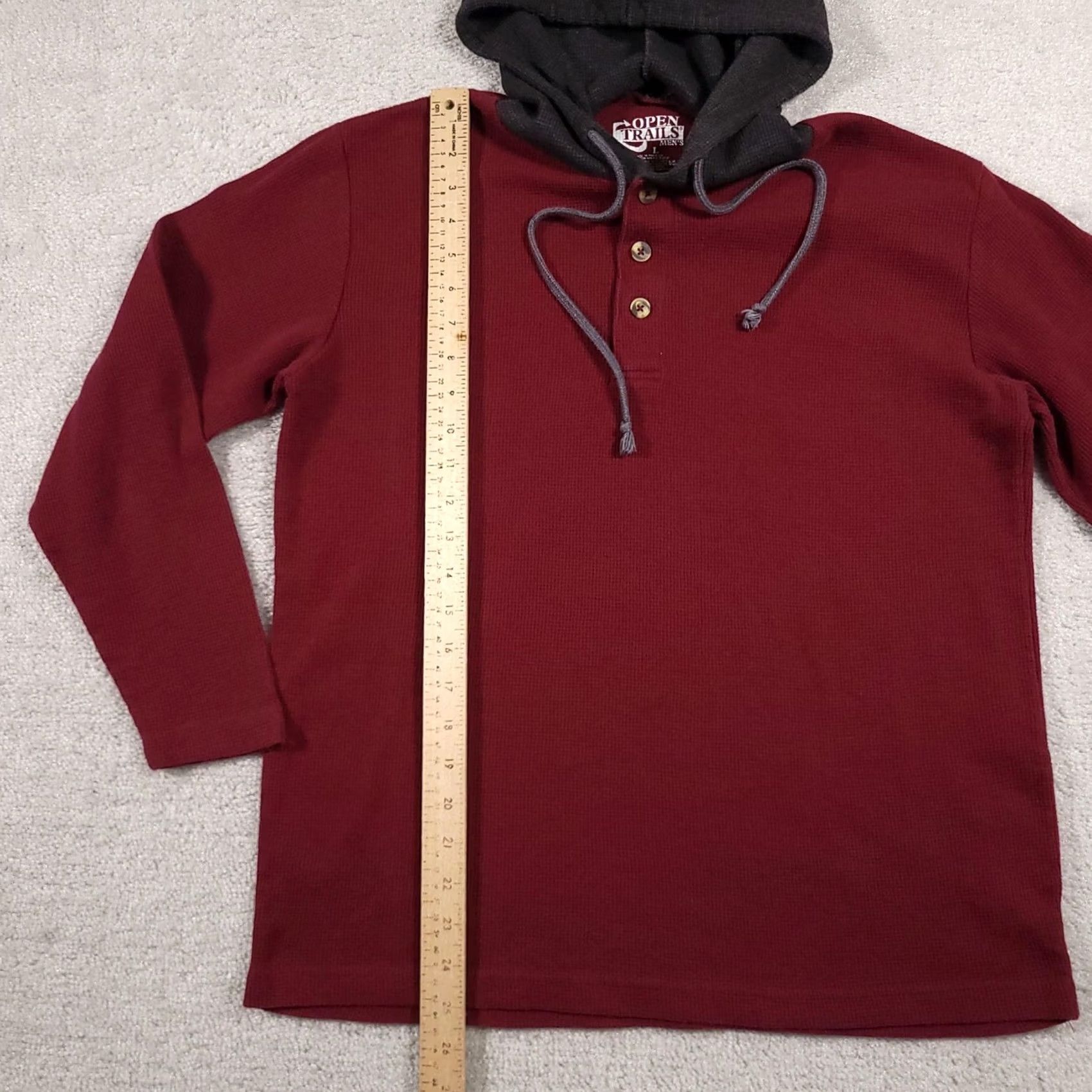 Vintage Open Trails Pullover Hoodie Mens Large Maroon Gray Button Henley Hood Casual Size US L / EU 52-54 / 3 - 6 Thumbnail