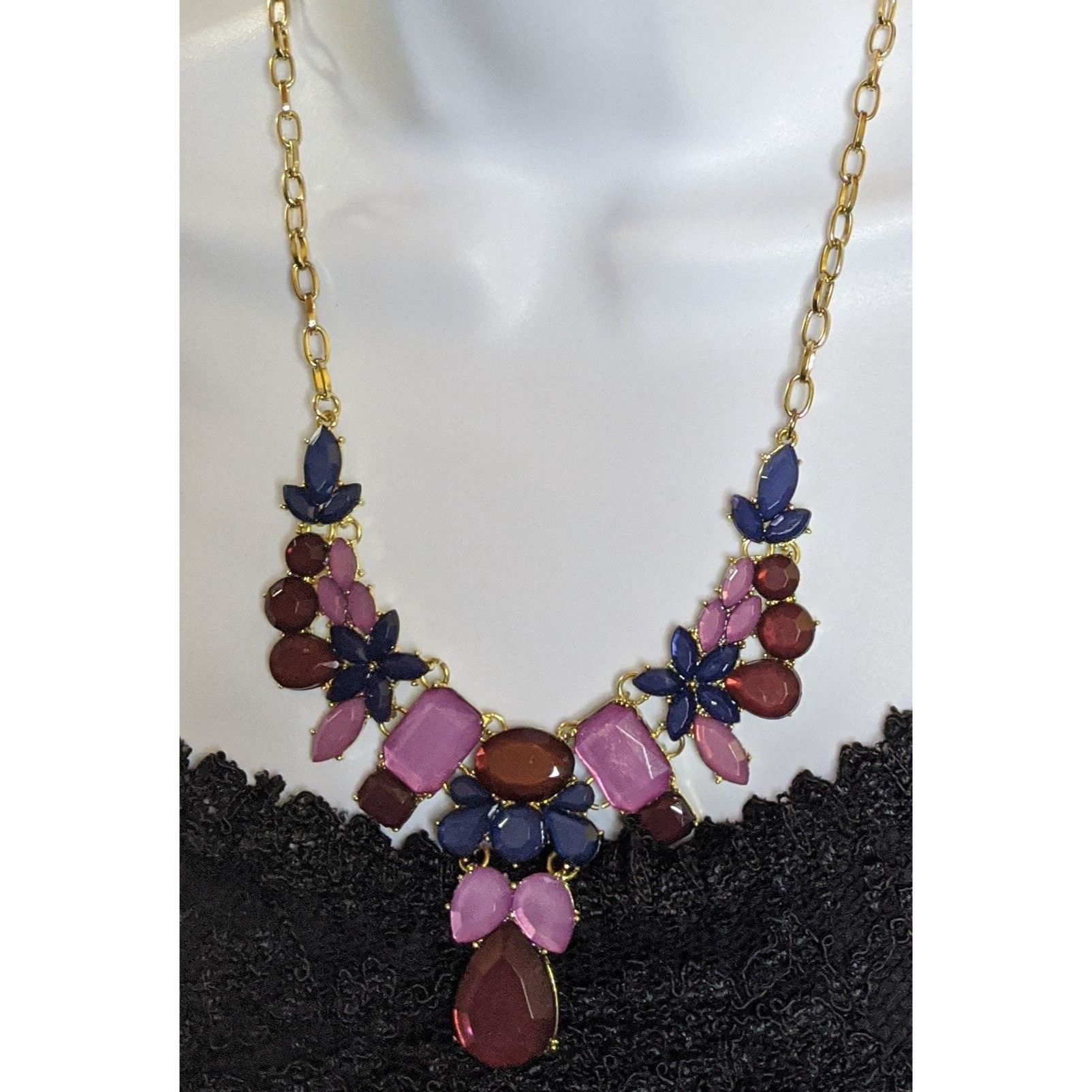 Other Floral Jewel Tone Statement Necklace With Red Pink & Navy Ge Size ONE SIZE - 5 Thumbnail