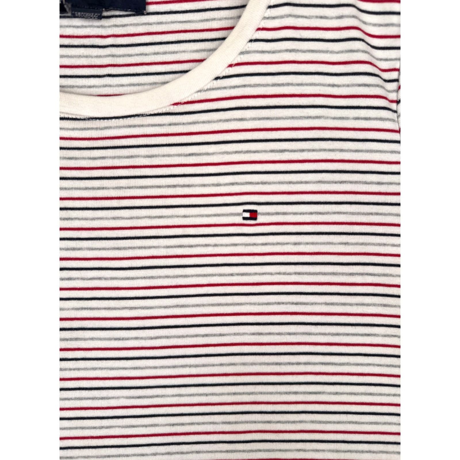 Tommy Hilfiger VINTAGE Tommy Hilfiger Shirt Women L Red Gray Stripe Crew Cotton Short Sleeve Logo, 90s, Designer, American, Casual Womens Size L / US 10 / IT 46 - 7 Thumbnail