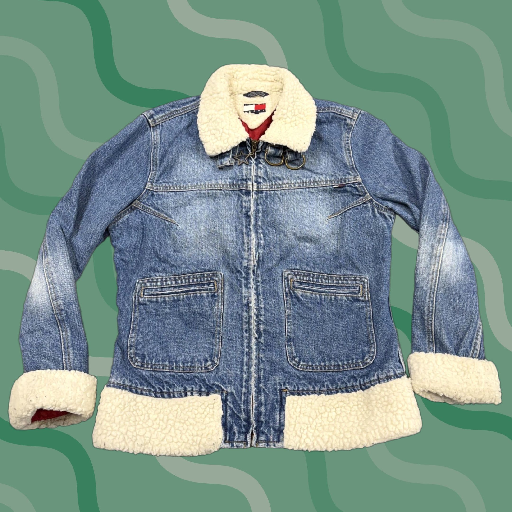 Denime Tommy Jeans Jacket Womens Large Blue Denim Sherpa Lined Full Zip Cozy Warm Size 36" / US 14 / IT 50 - 1 Thumbnail