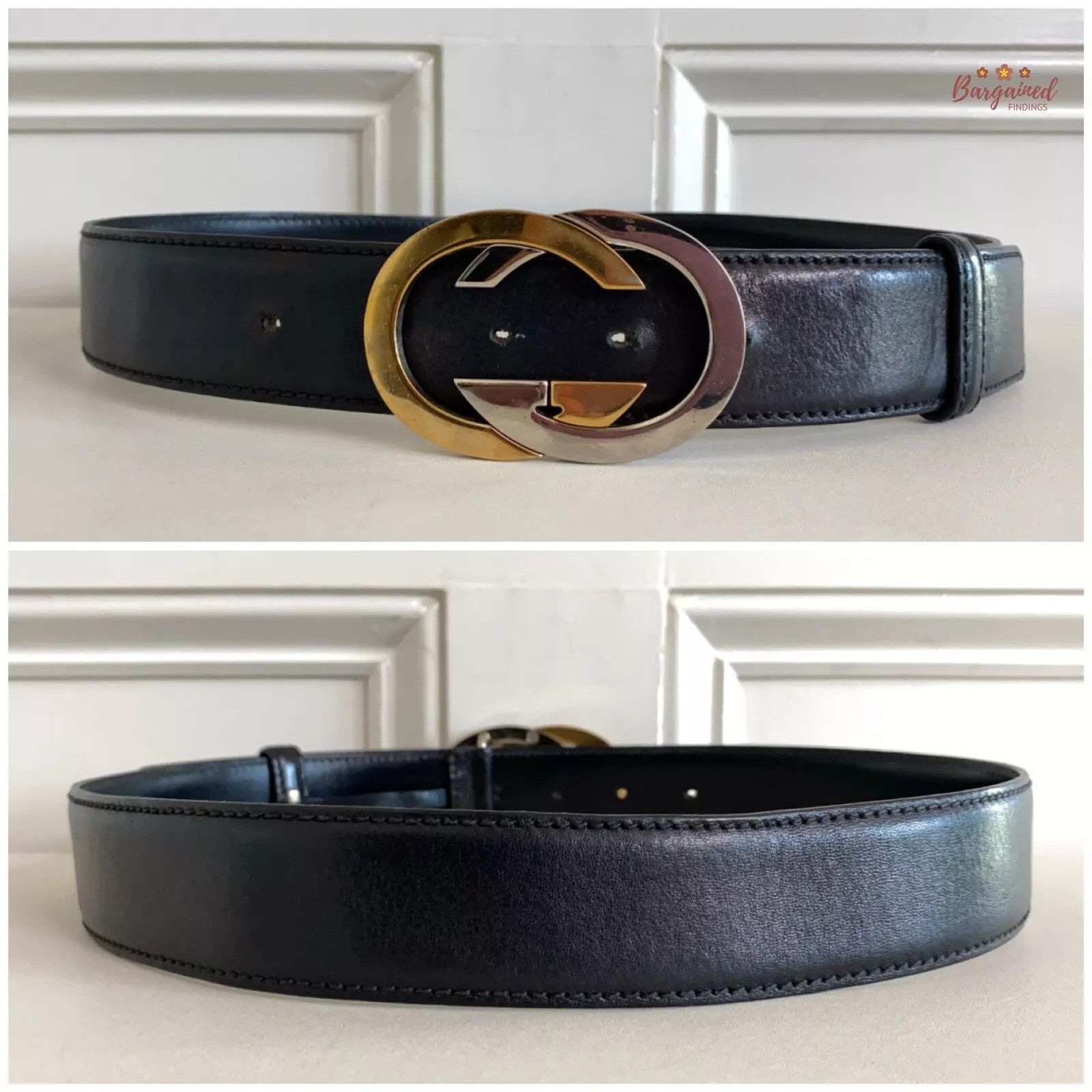 Gucci Gucci Black Leather Gold/Silver Interlocking G Buckle Belt Size 28 - 3 Thumbnail