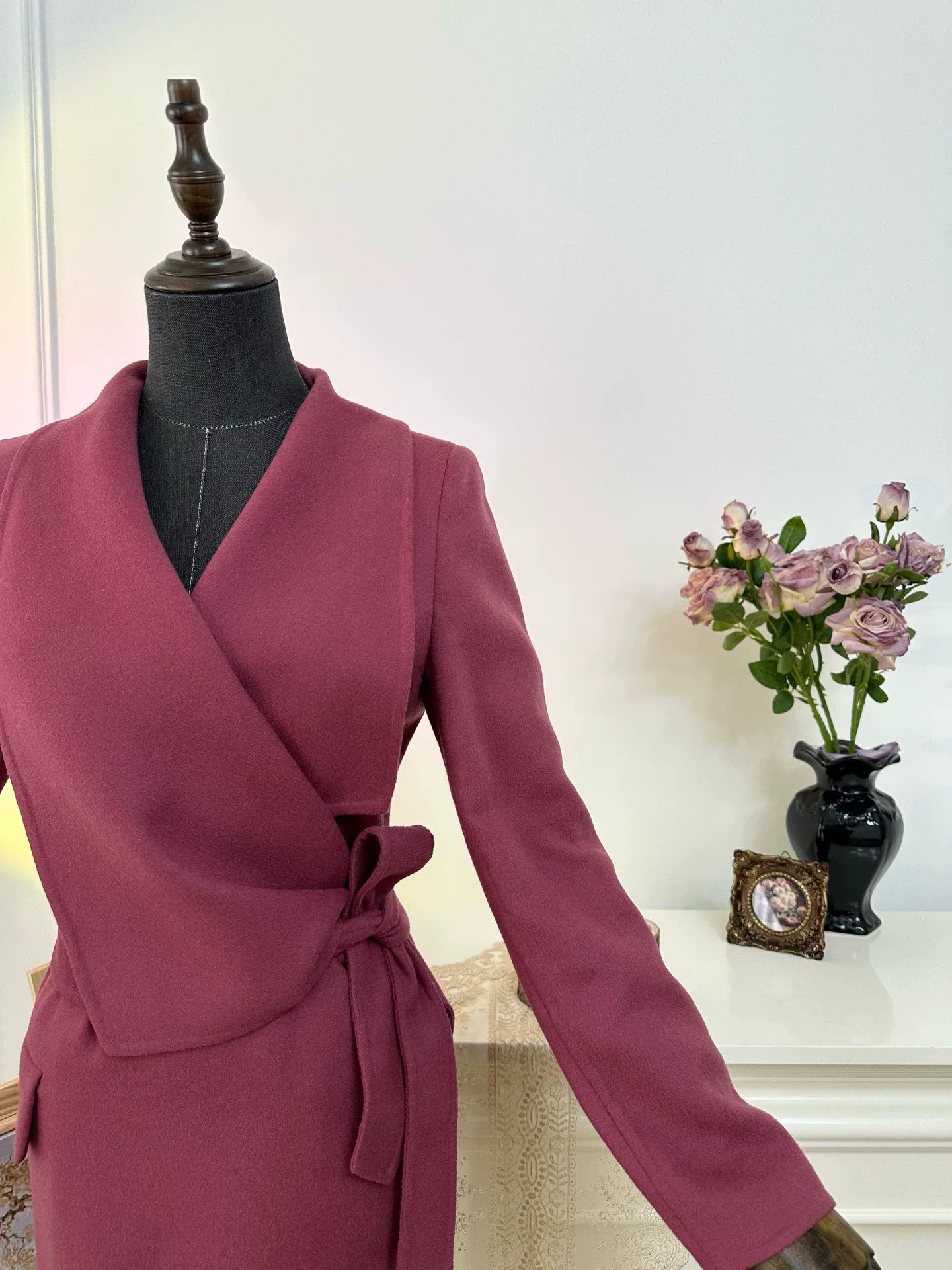 Max Mara MaxMara asym collar tie-waist wool coat women's smoke pink Size S / US 4 / IT 40 - 5 Thumbnail