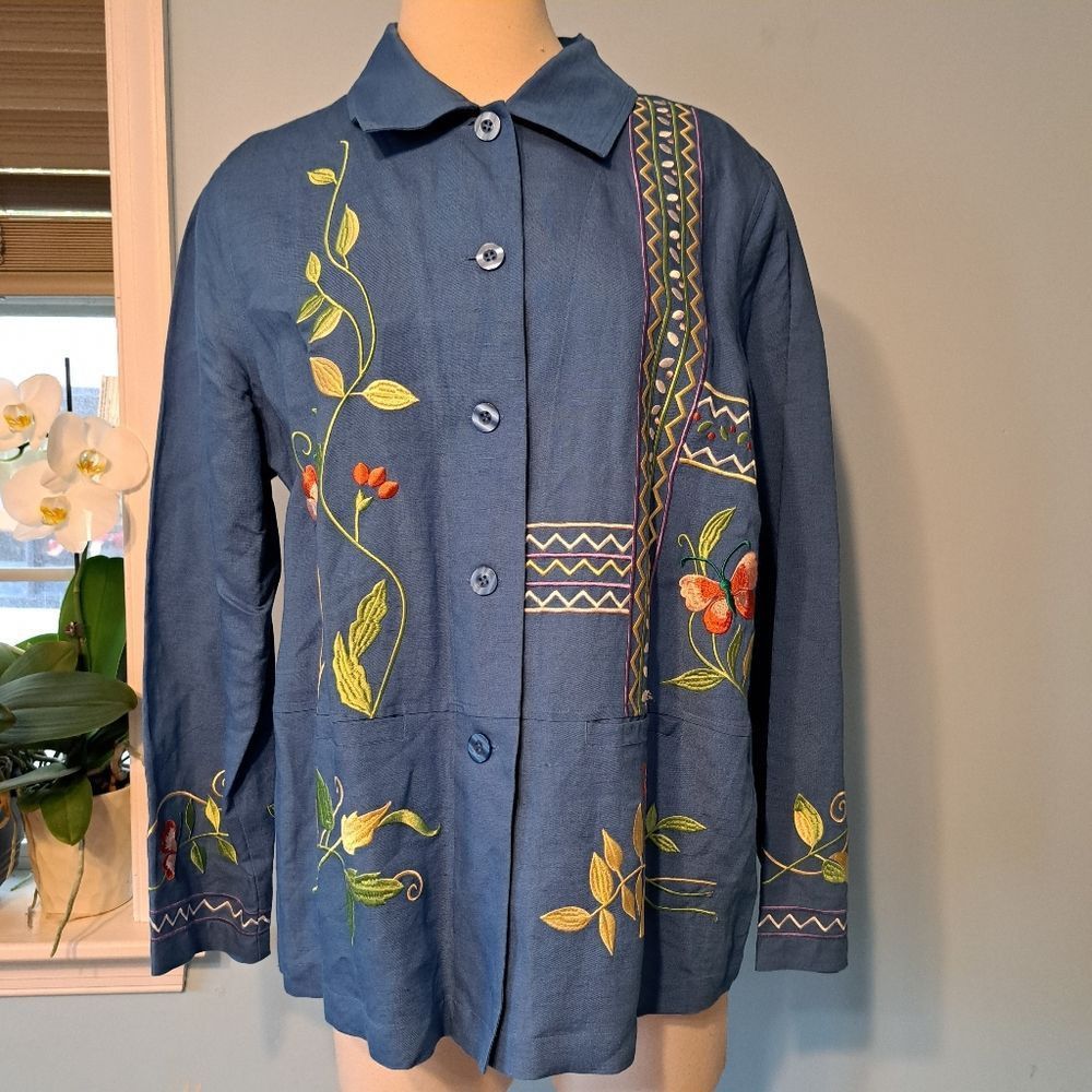 Other Susan Graver Grannycore Embroidered Linen Floral Butterfly Top Medium Blue/Multi Size M / US 6-8 / IT 42-44 - 10 Thumbnail