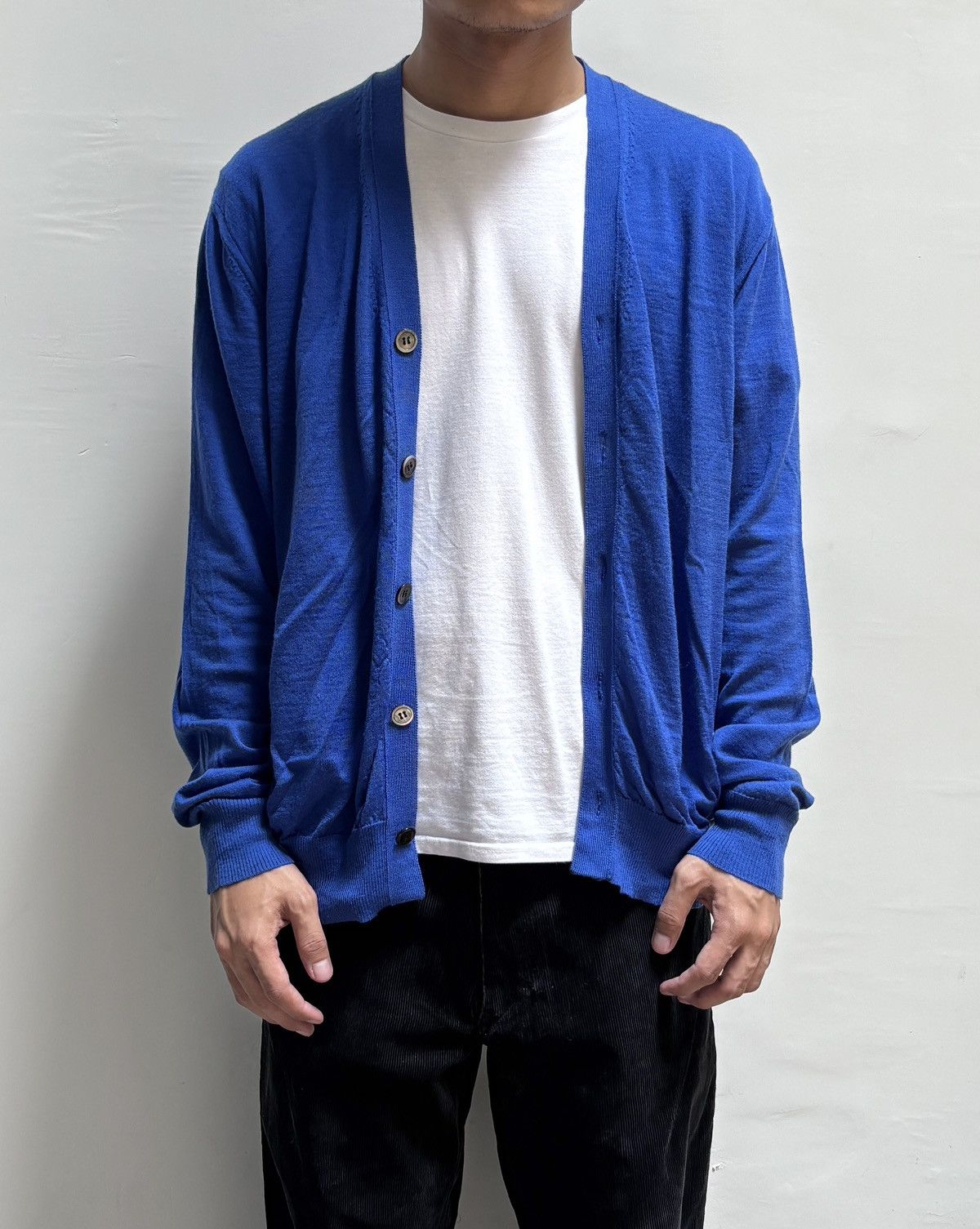Comme des Garcons Homme Contrast Blue Wool Cardigan Size US M / EU 48-50 / 2 - 1 Thumbnail
