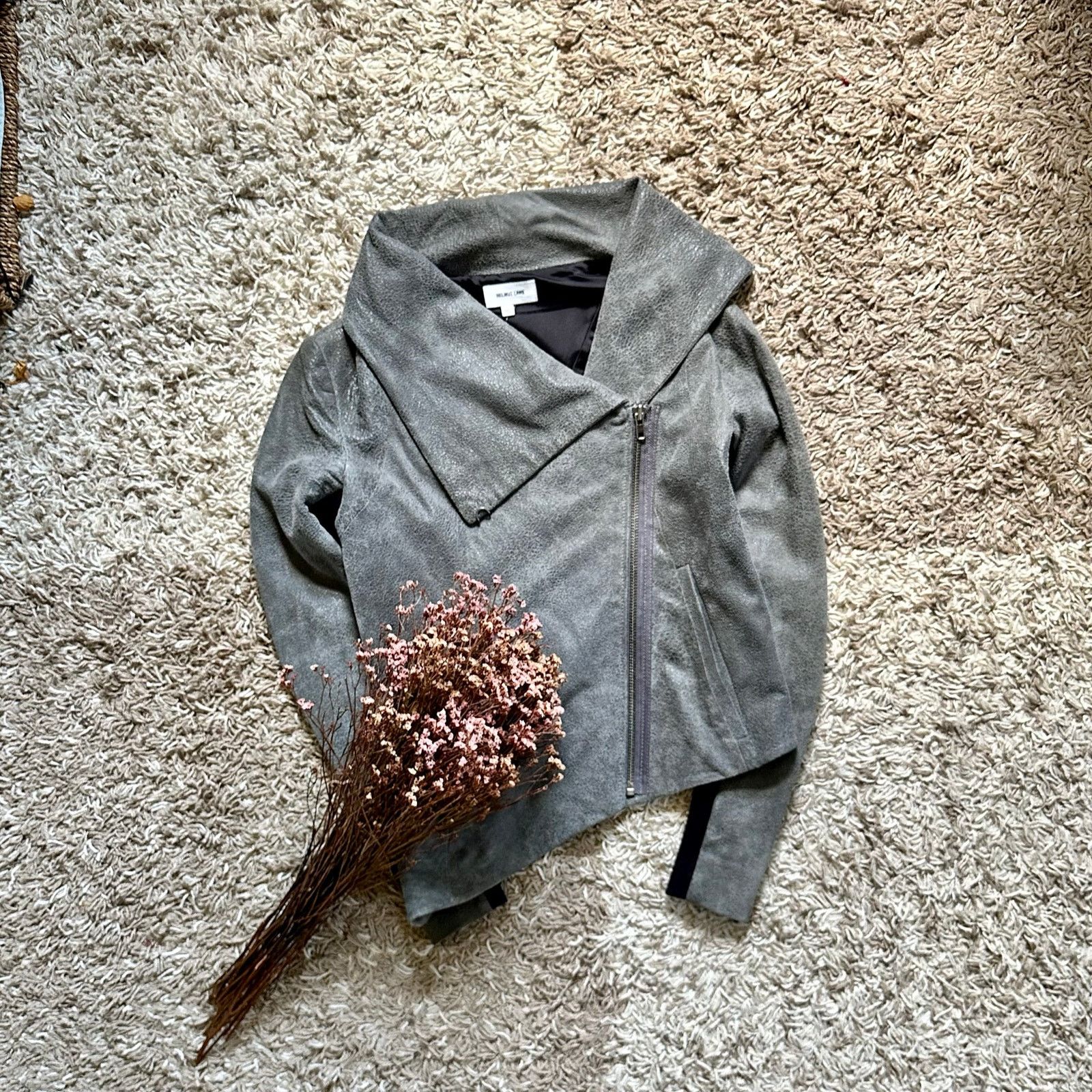 Helmut Lang Gray Lamb Leather Biker Moto Jacket Asymmetrical