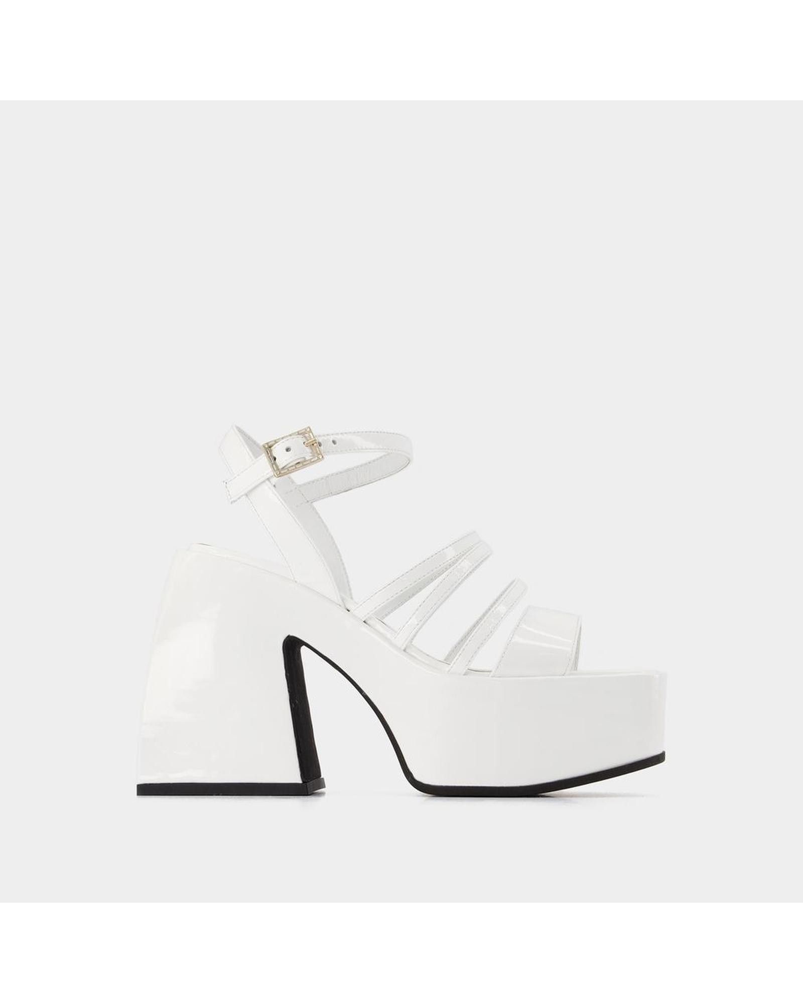 image of Nodaleto Chic White Leather Sandals With Ankle Strap And Patent Finish, Women's (Size 11)