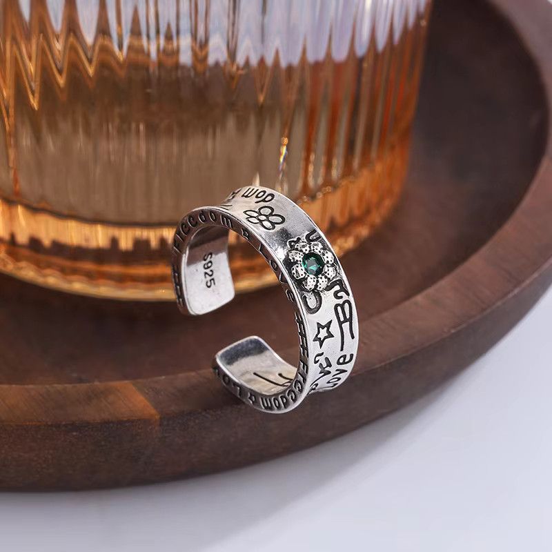 Jewelry Green Zircon Flower Graffiti Cuff Rings Size ONE SIZE - 5 Thumbnail