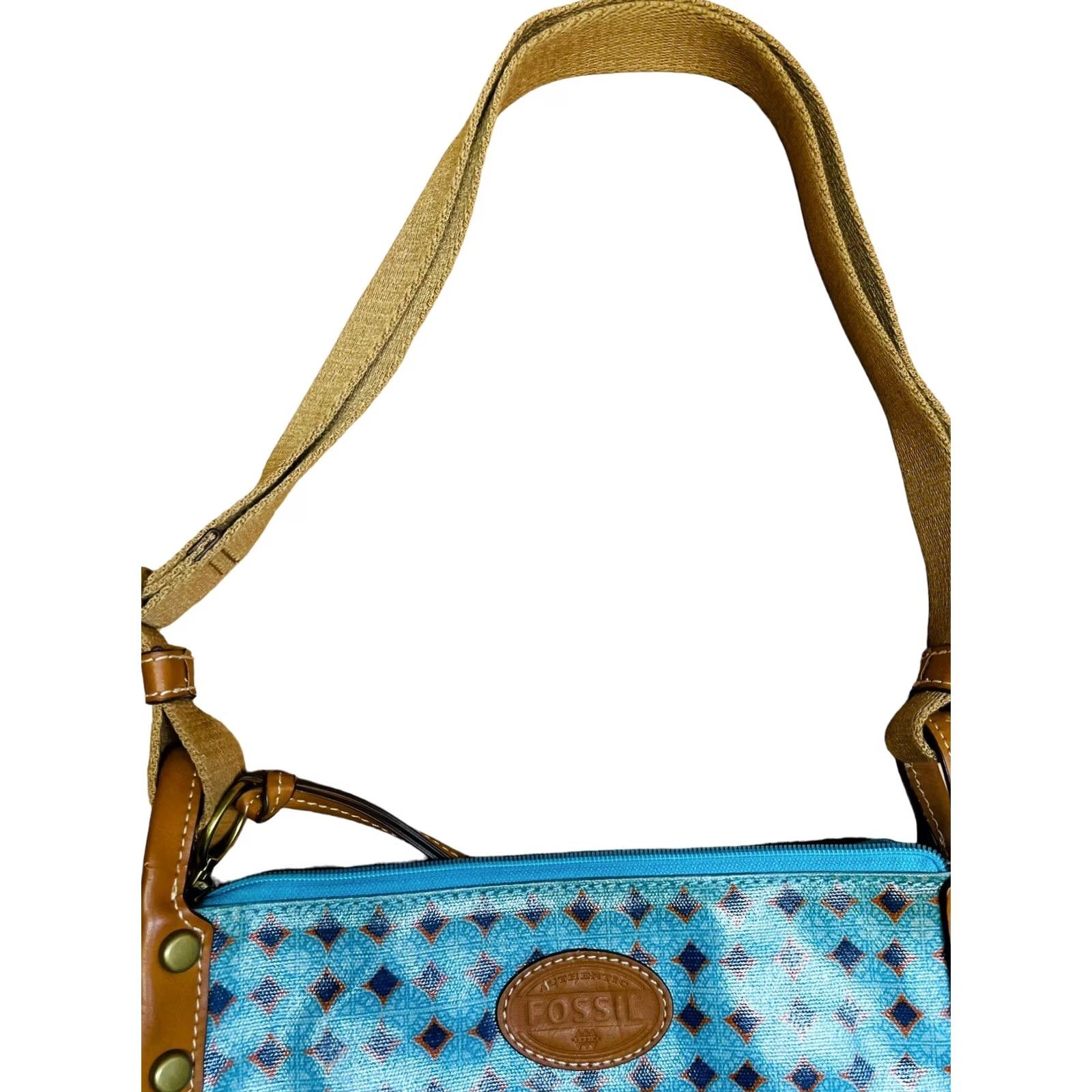 Fossil Fossil Kinley Crossbody Blue Crossbody Purse Women’s Vinyl Geometric Shape Tote Bag 90s Pattern Casual Travel Adjustable Strap Brown Hardware Size ONE SIZE - 6 Thumbnail