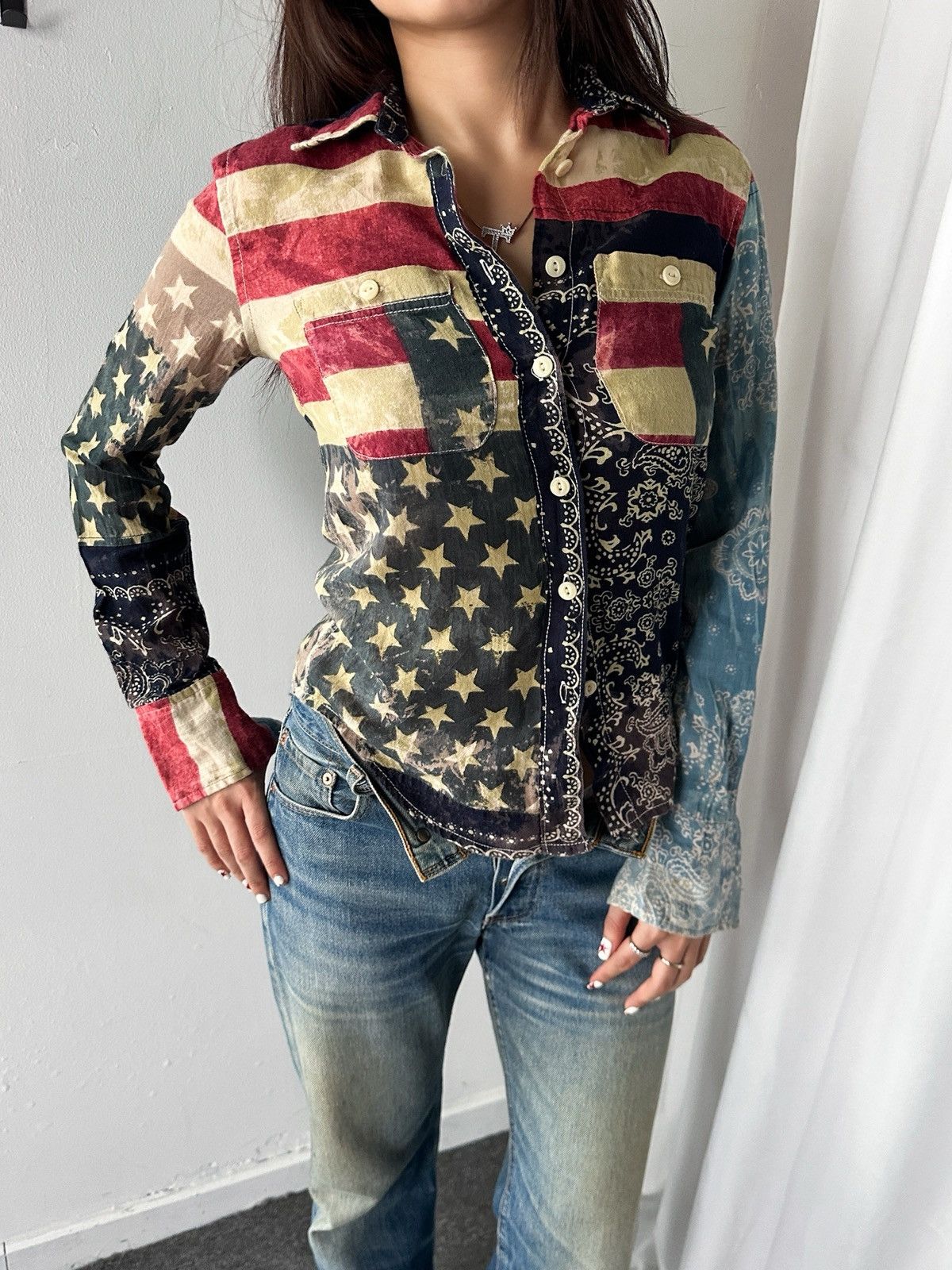 Denim & Supply Ralph Lauren RLR Denim Supply Military American Flag Patchwork Shirt Size XS / US 0-2 / IT 36-38 - 5 Thumbnail