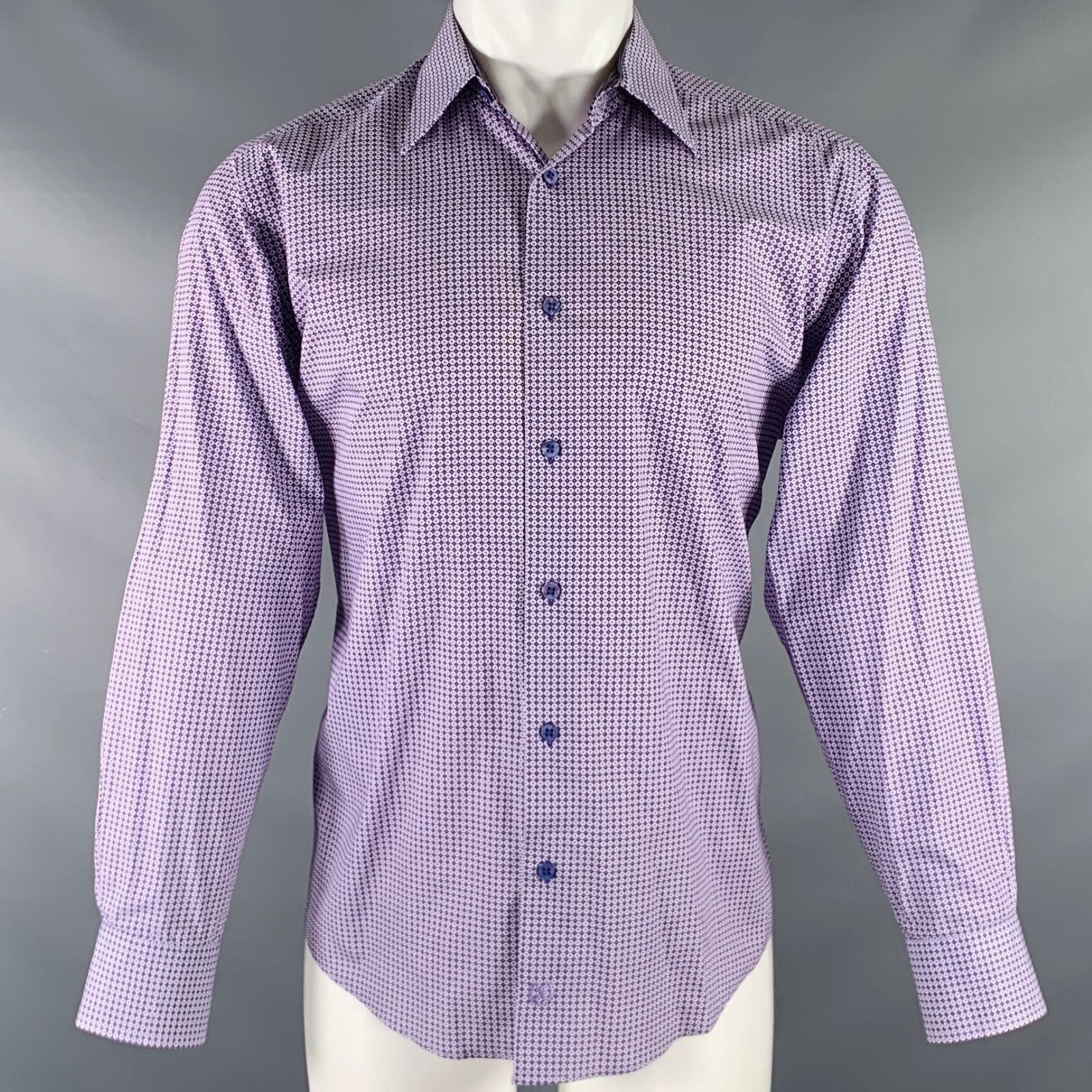 BUGATCHI Size M Purple White Dots Cotton Long Sleeve Shirt