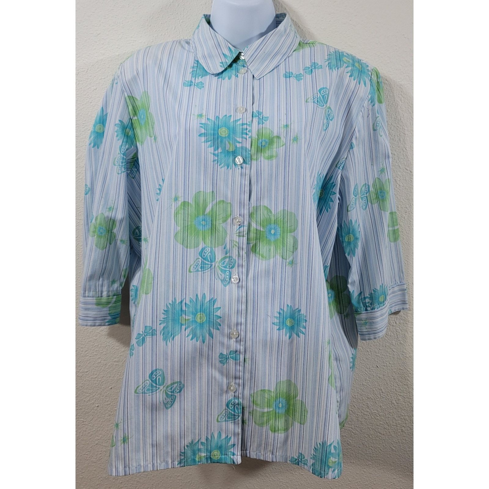 Other Allison Daley Blue Green Striped Floral Button Top 16 Size XXL / US 16-18 / IT 52-54 - 1 Thumbnail