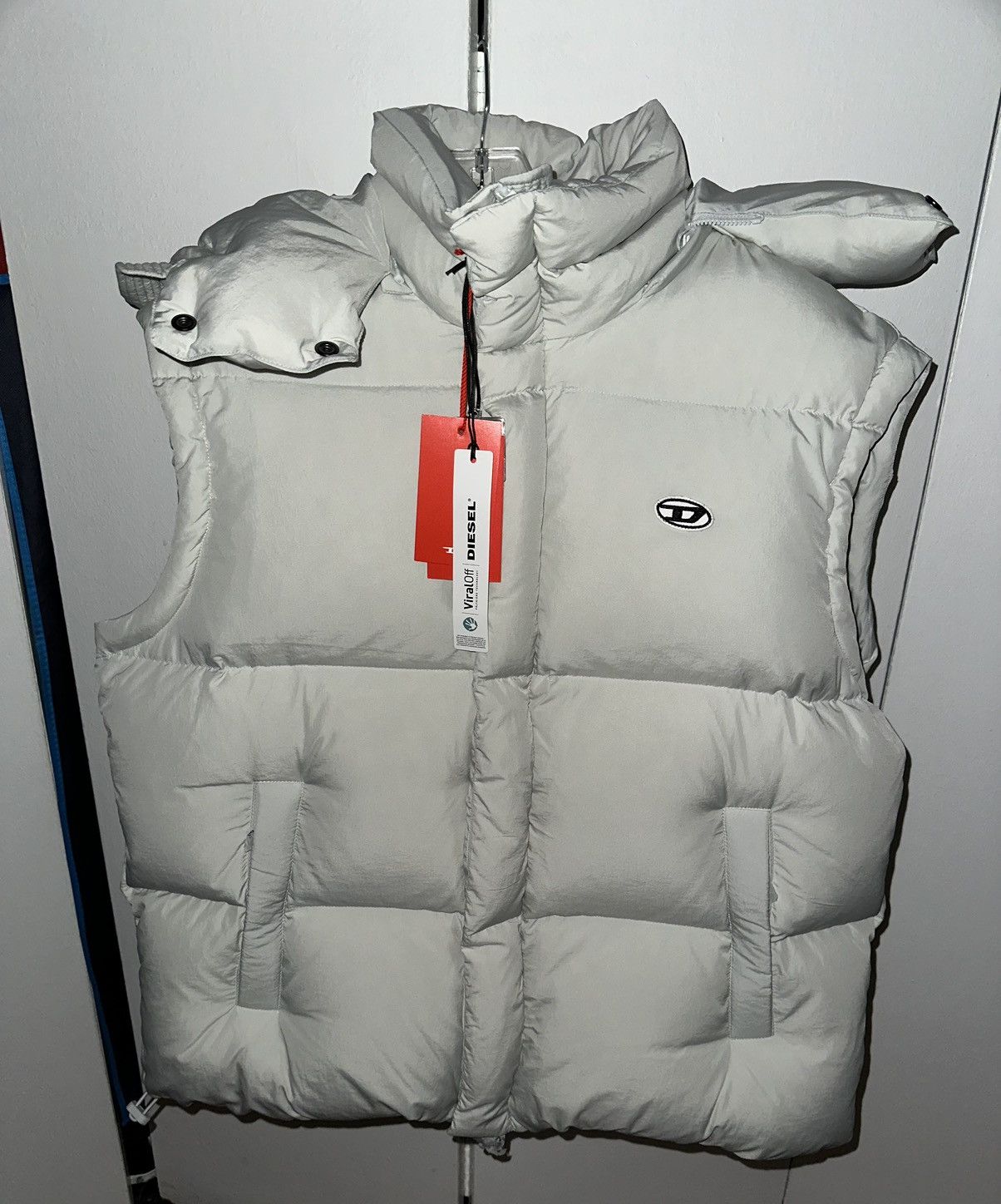 image of Diesel Hooded Puffer Vest With Logo in Grey, Men's (Size Medium)