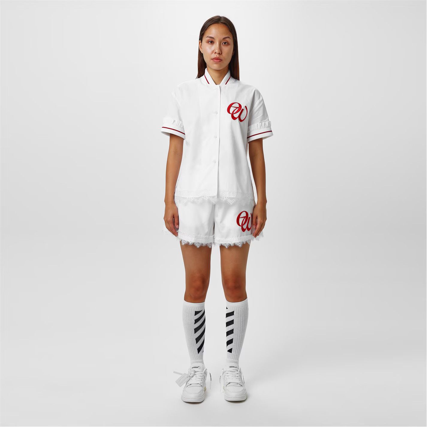 Off-White o1g2r1mq0125 Embroidered Baseball Shirt in White & Red Size M / US 6-8 / IT 42-44 - 5 Thumbnail