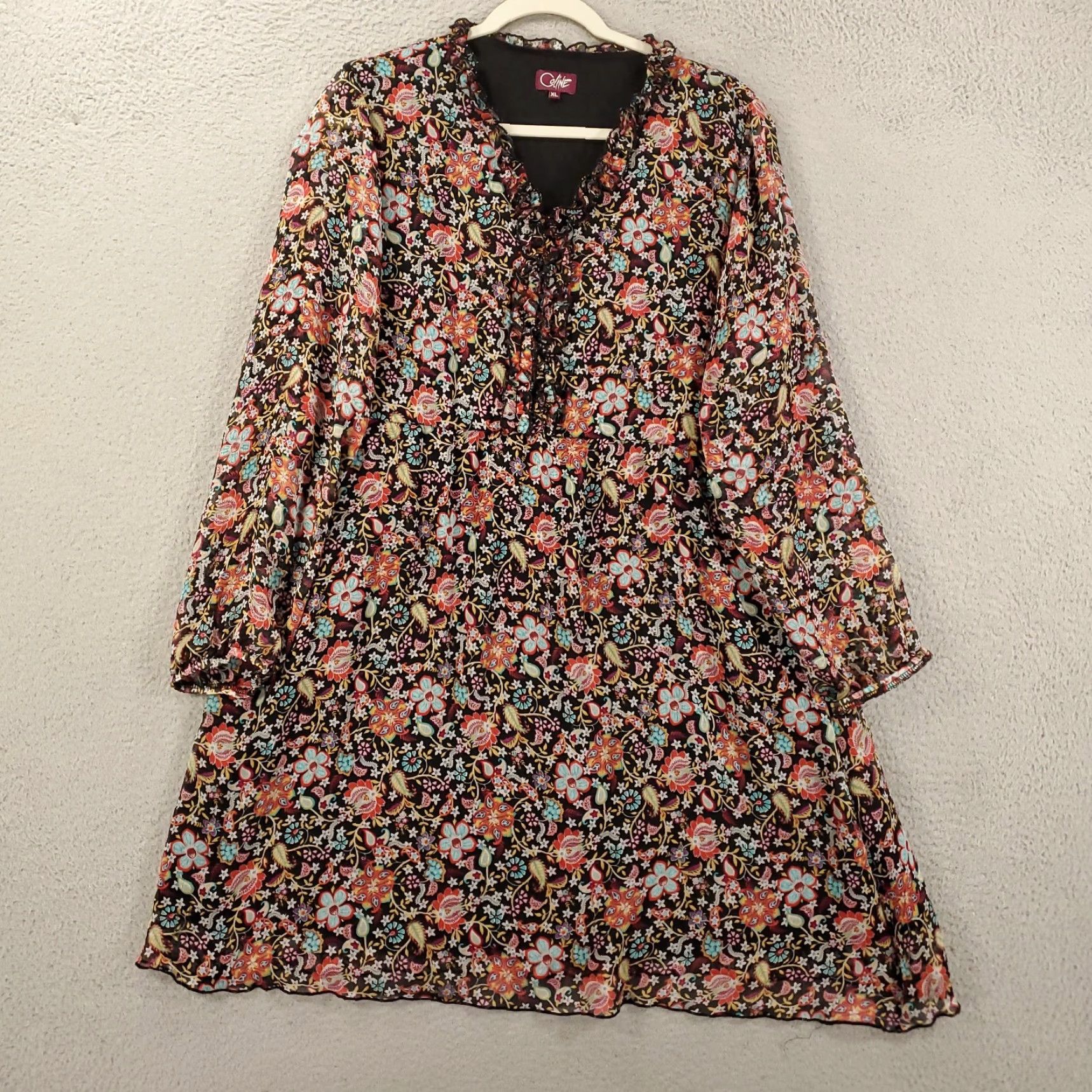 Vintage Coline Womens Floral Dress Shift Mini Size XL Long Sleeve V-Neck Pullover Neck Accent Ruffle Size XL / US 12-14 / IT 48-50 - 2 Thumbnail