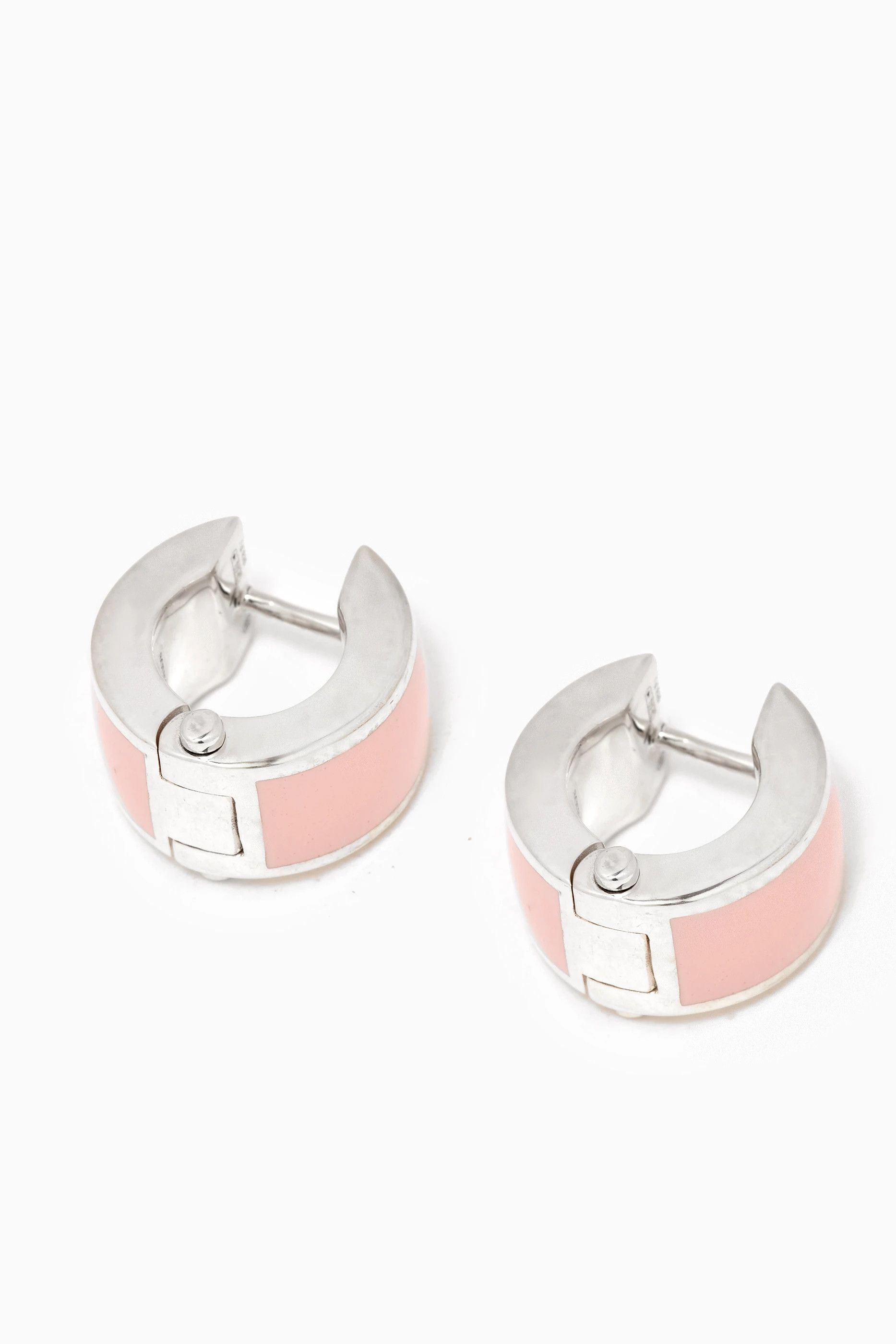 image of Bottega Veneta Bolt Pink Enamel & Silver Hoop Earrings, Women's