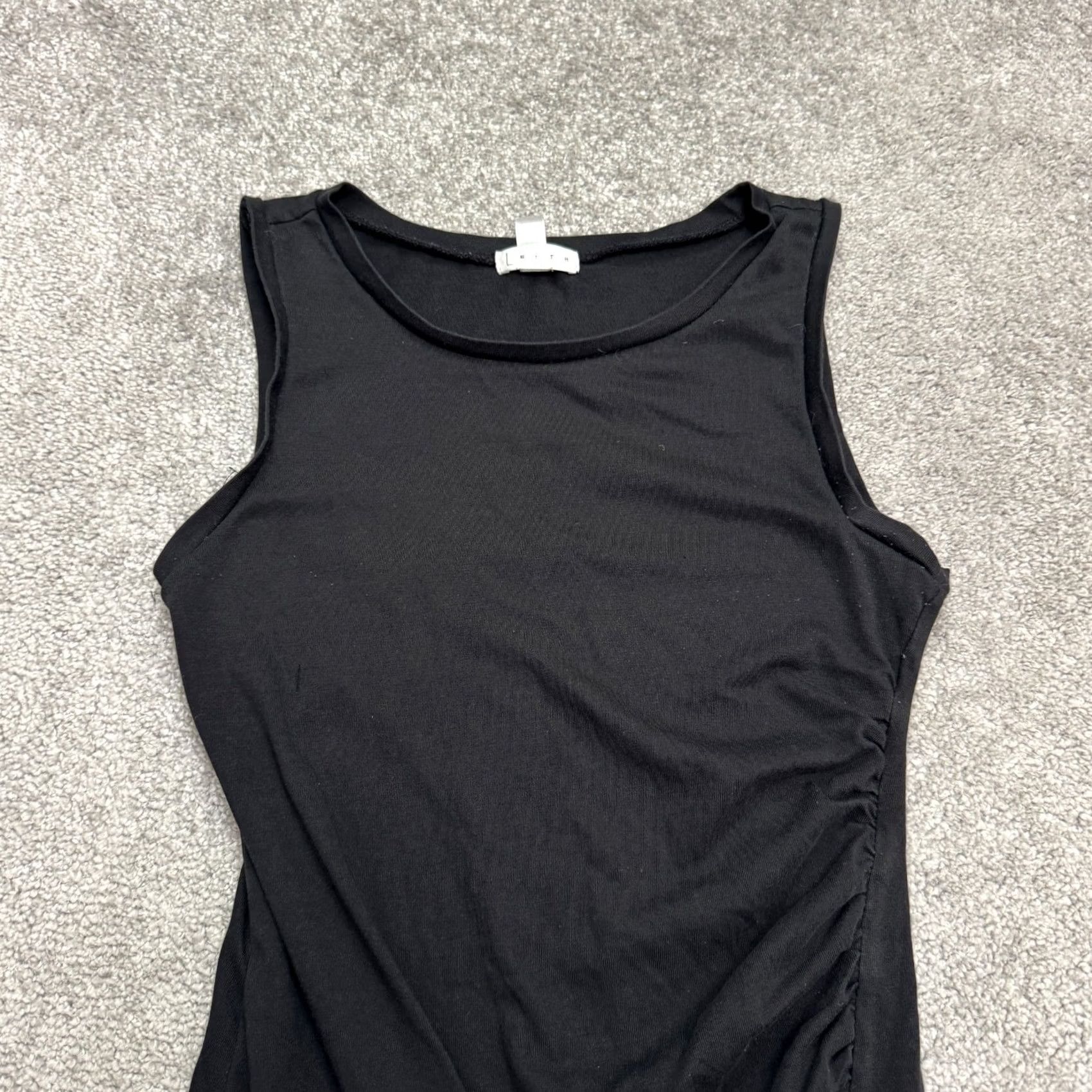 Vintage Leith Bodycon Midi Dress Womens Small Black Sleeveless Stretch Ruched Tulip Hem Casual Workwear Size S / US 4 / IT 40 - 4 Thumbnail