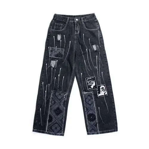 Jean Bandana Patchwork Straight Leg Baggy Jeans Size US 30 / EU 46 - 2 Thumbnail