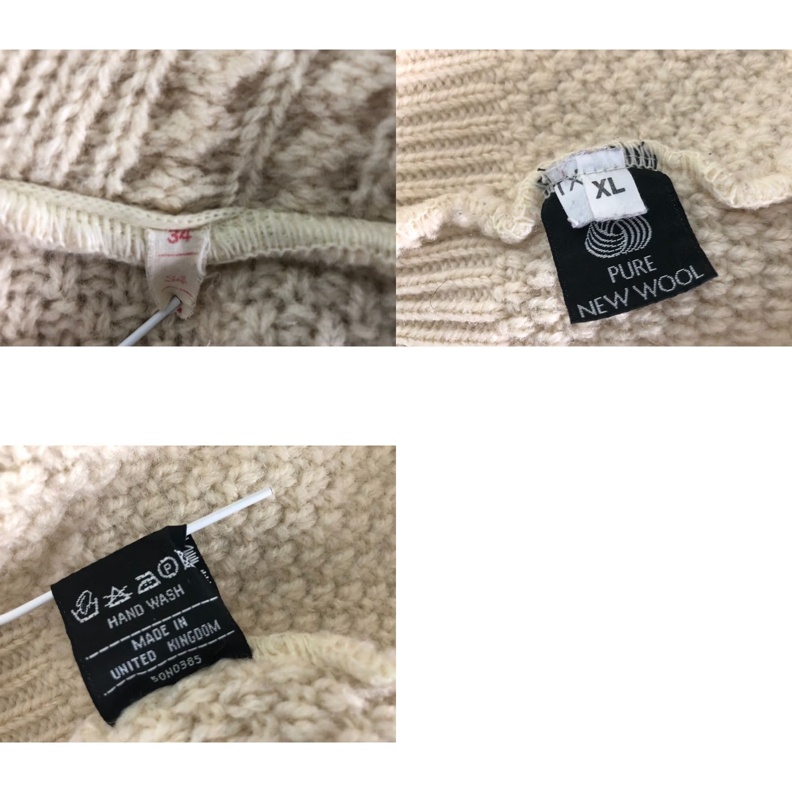 Vintage Aran Cardigan Mens XL Ivory Pure New Wool Wool Knit Cable-V-Neck Button Shirt Sweater Classic Vintage No Size US XL / EU 56 / 4 - 9 Thumbnail
