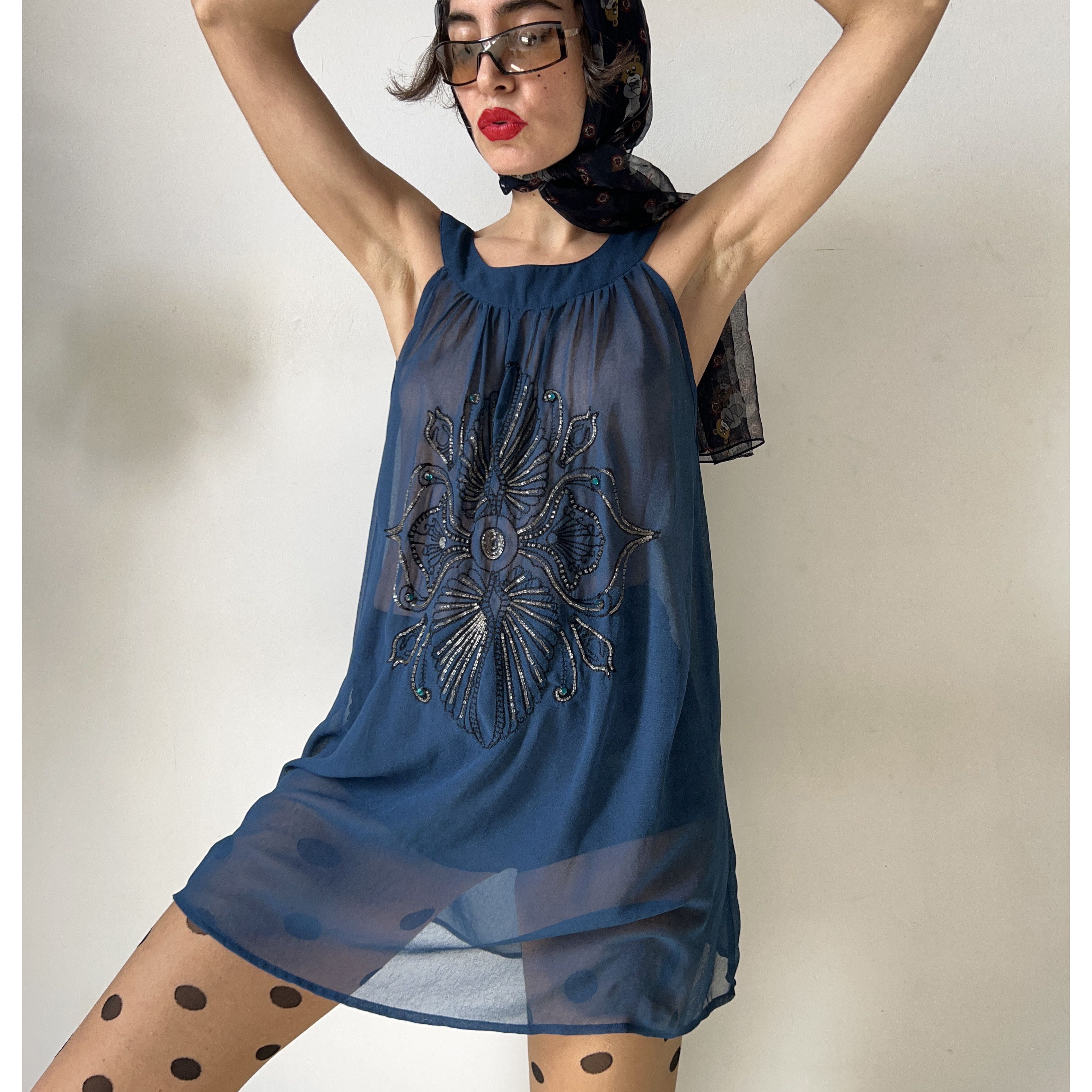 Vintage Y2K Sheer Teal Blue Beaded Mini Dress Size M / US 6-8 / IT 42-44 - 1 Thumbnail