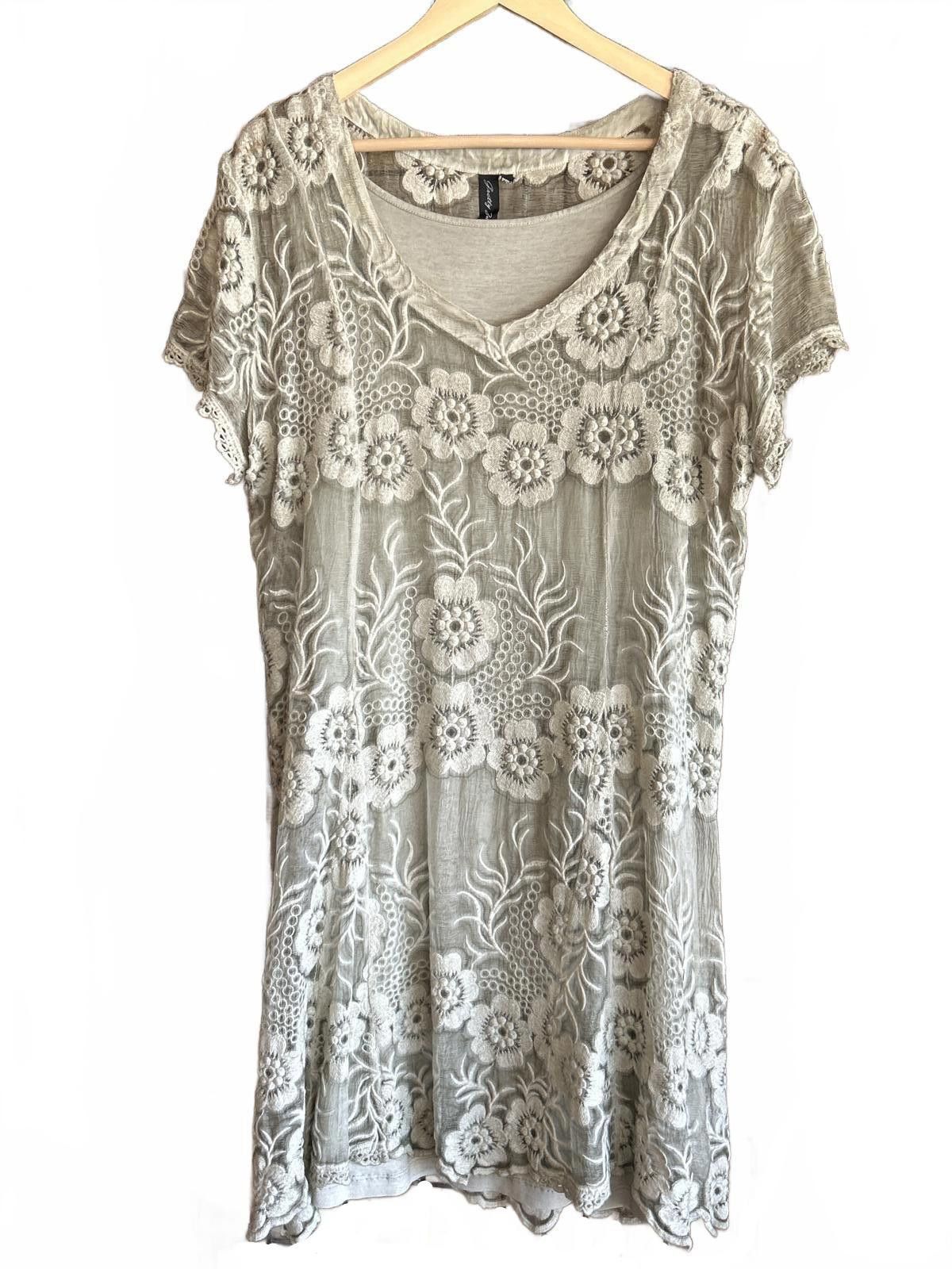 Designer Gretty Zueger Silk Dress Sz L Grey Floral Sheer Embroidered Size L / US 10 / IT 46 - 2 Thumbnail
