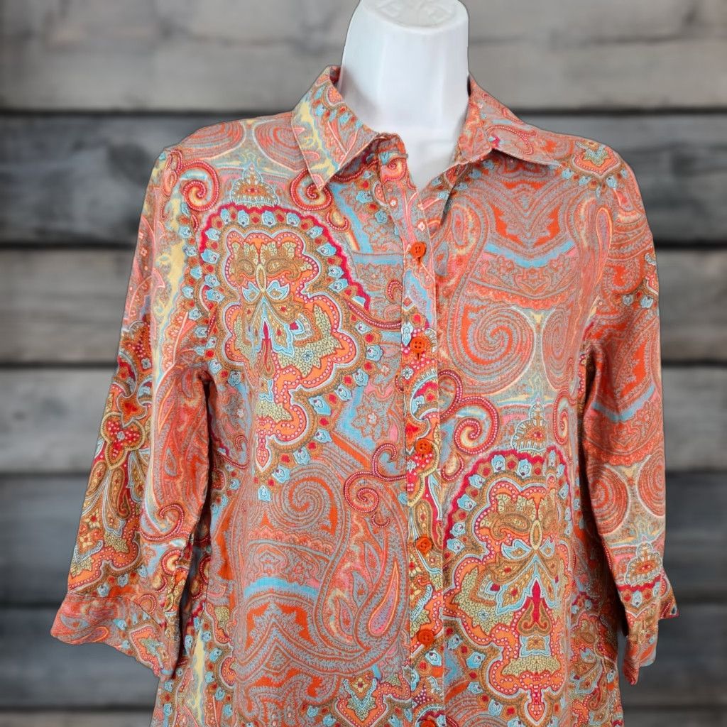 Vintage Chico's Womens Button-Up Linen Top Sz Small Orange Blue Paisley Shirt Adult Womens 3/4 Sleeve No Iron Button Up Collared Basic Spring Summer Size S / US 4 / IT 40 - 1 Thumbnail