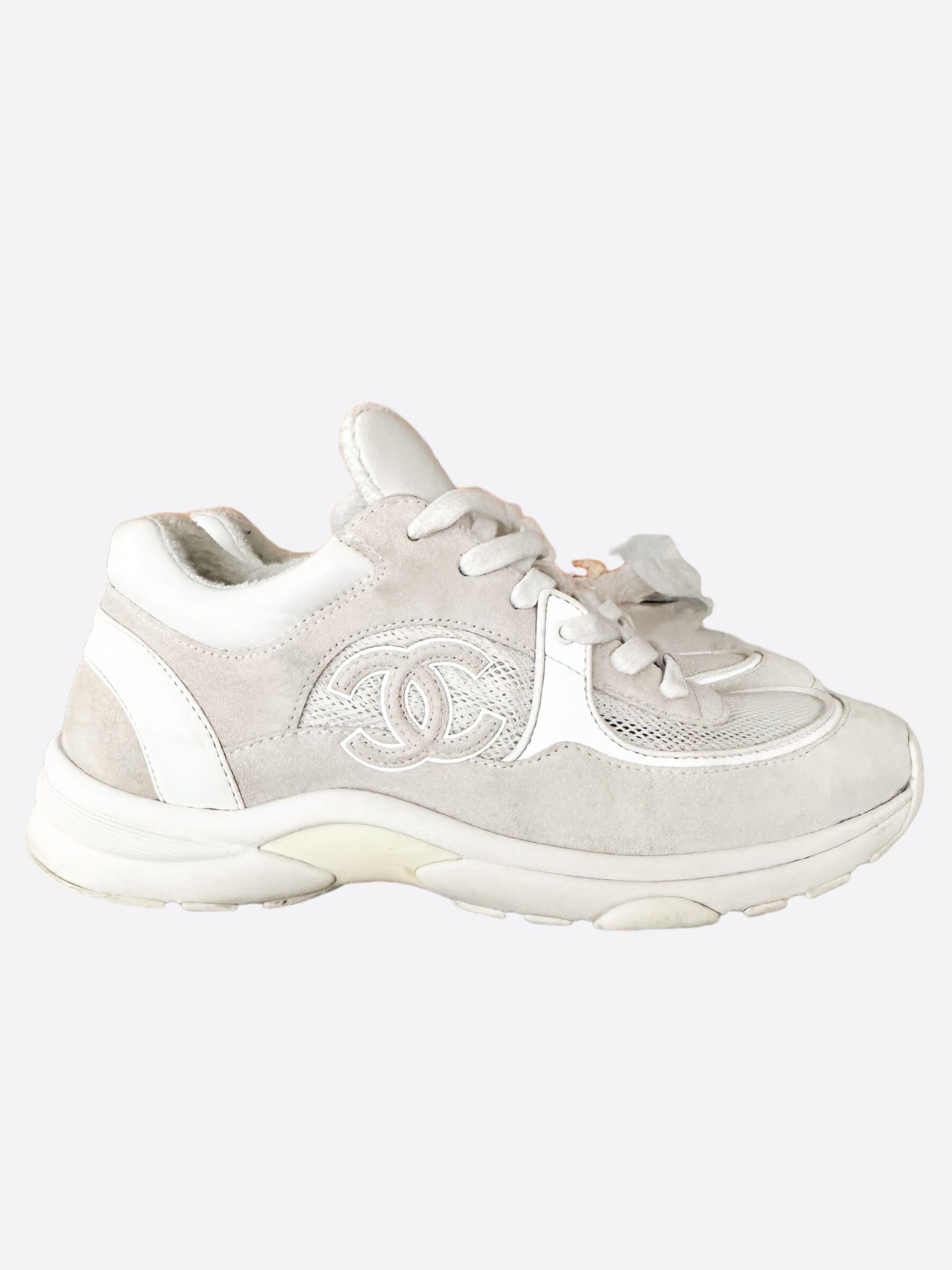 Pre-owned Chanel Grey & White Cc Mesh Trainers Shoes
