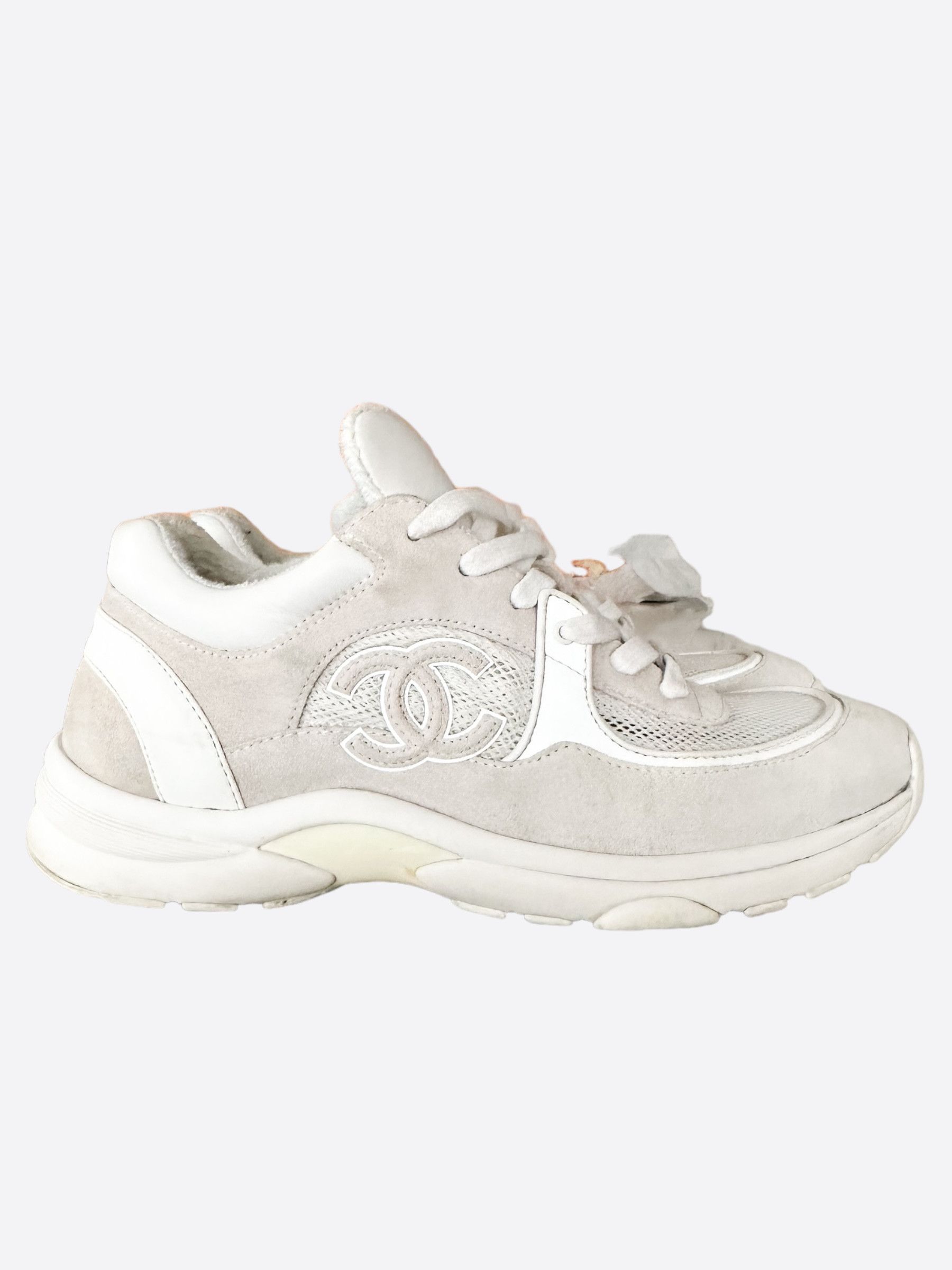 Pre-owned Chanel Grey & White Cc Mesh Trainers Shoes