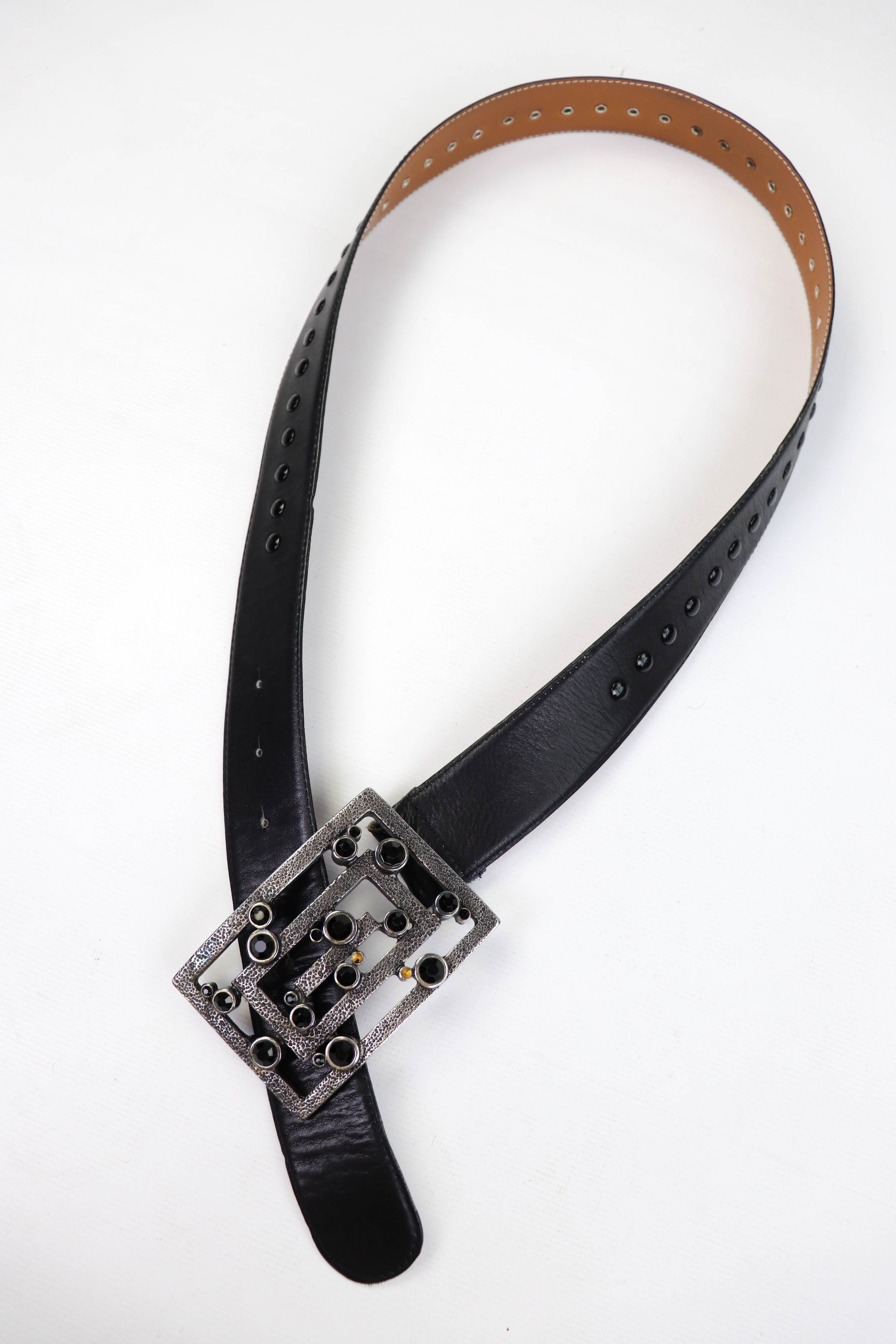 Vintage NOEMI LIBERTI PARIS Rhinestones Buckle Leather Studded Belt Size ONE SIZE - 3 Thumbnail