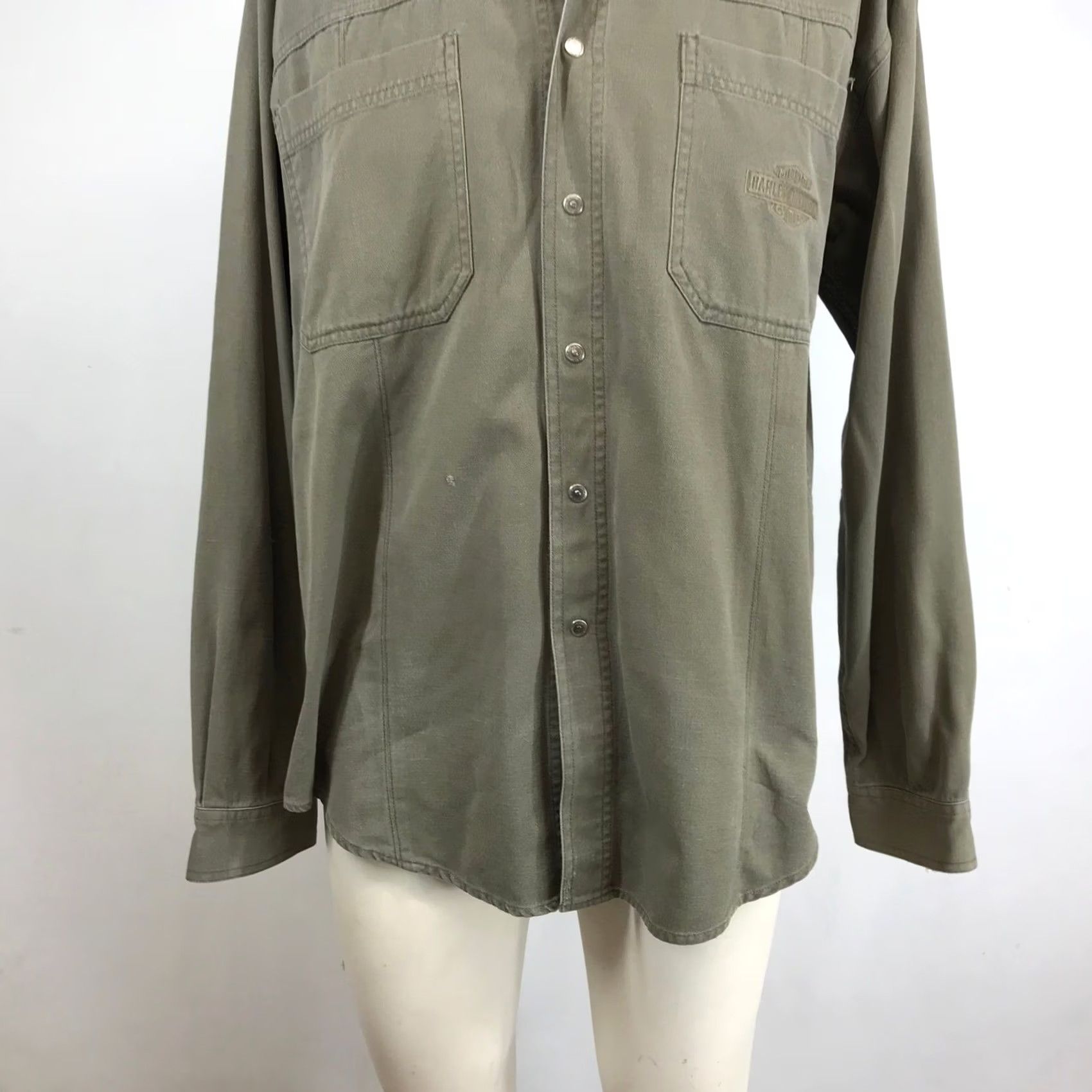 Harley Davidson Harley-Davidson Mens Olive Green Canvas Long Sleeve Snap Button Work Shirt XL Size US XL / EU 56 / 4 - 3 Thumbnail